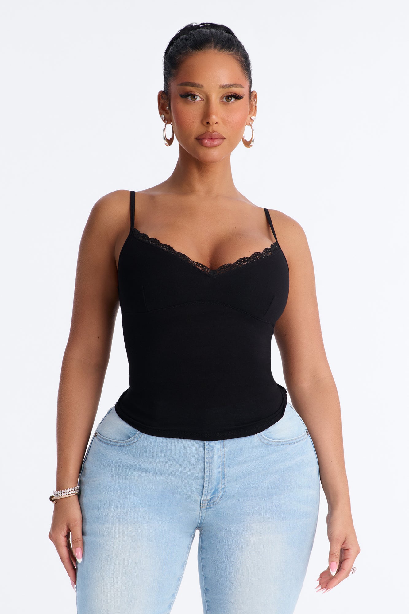 Evalyn Lace Trim V Neck Cami - Black