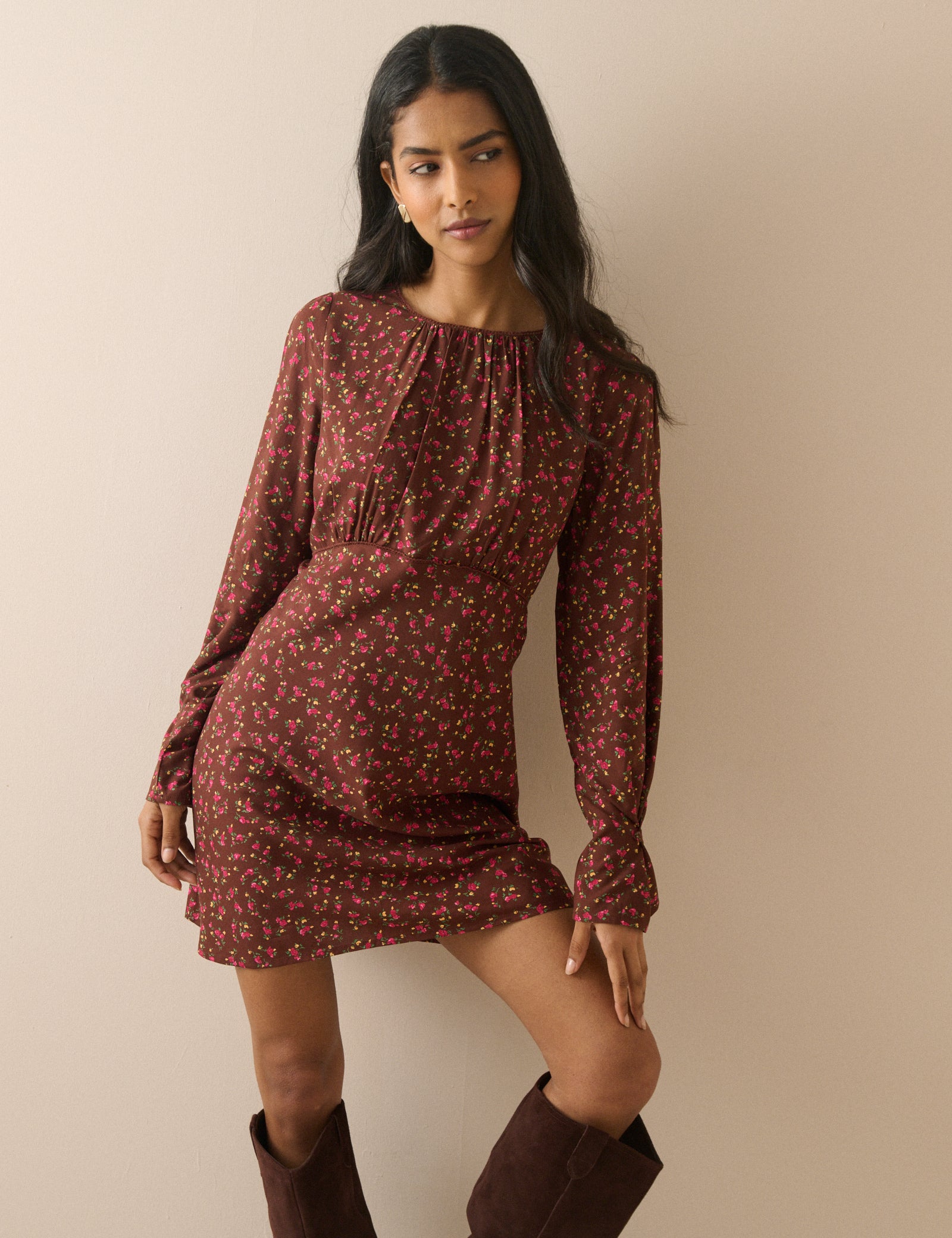 Chocolate Brown Floral Sicily Mini Dress