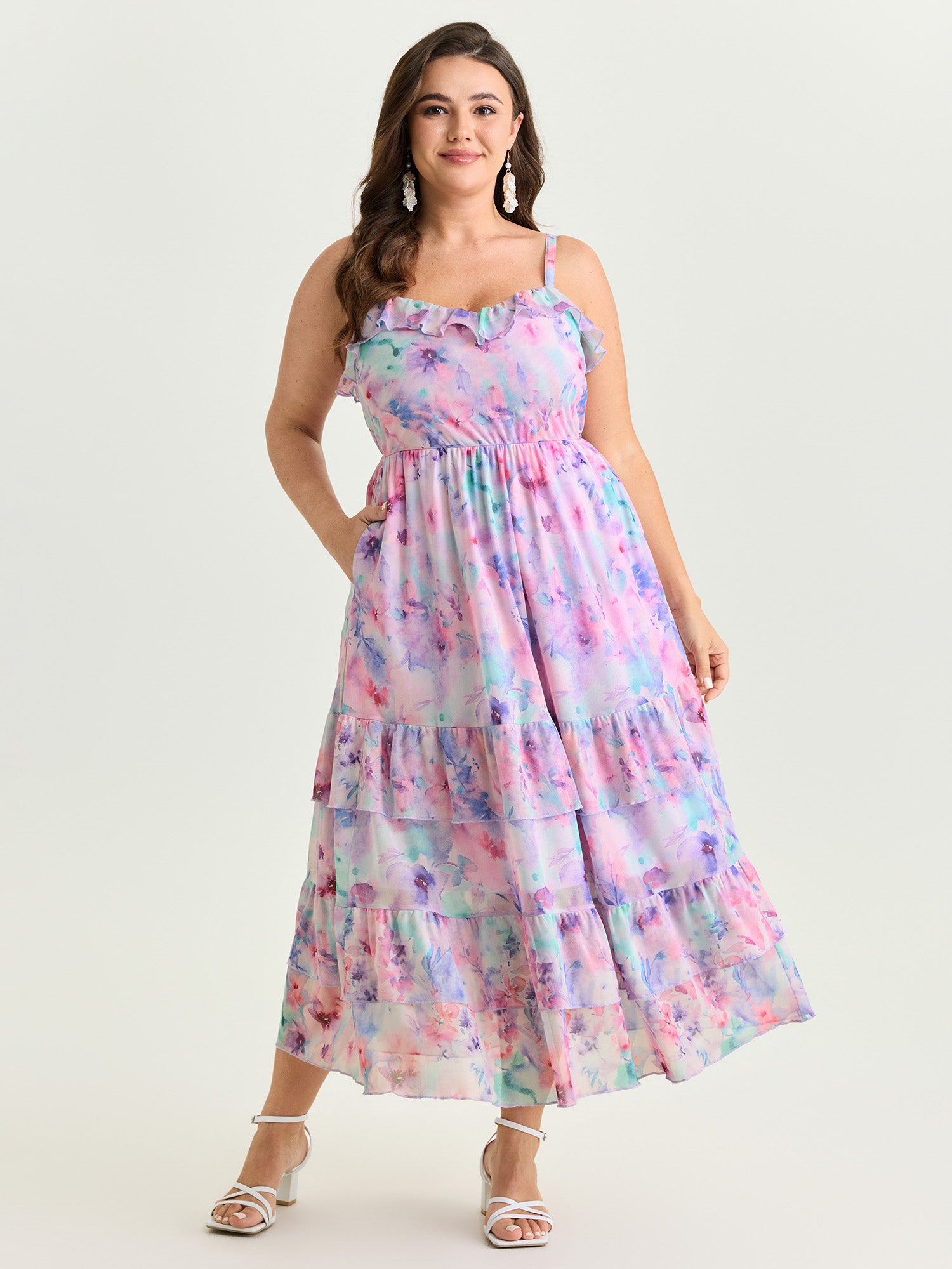 Soft Floral Mesh Print Flowy Maxi Dress