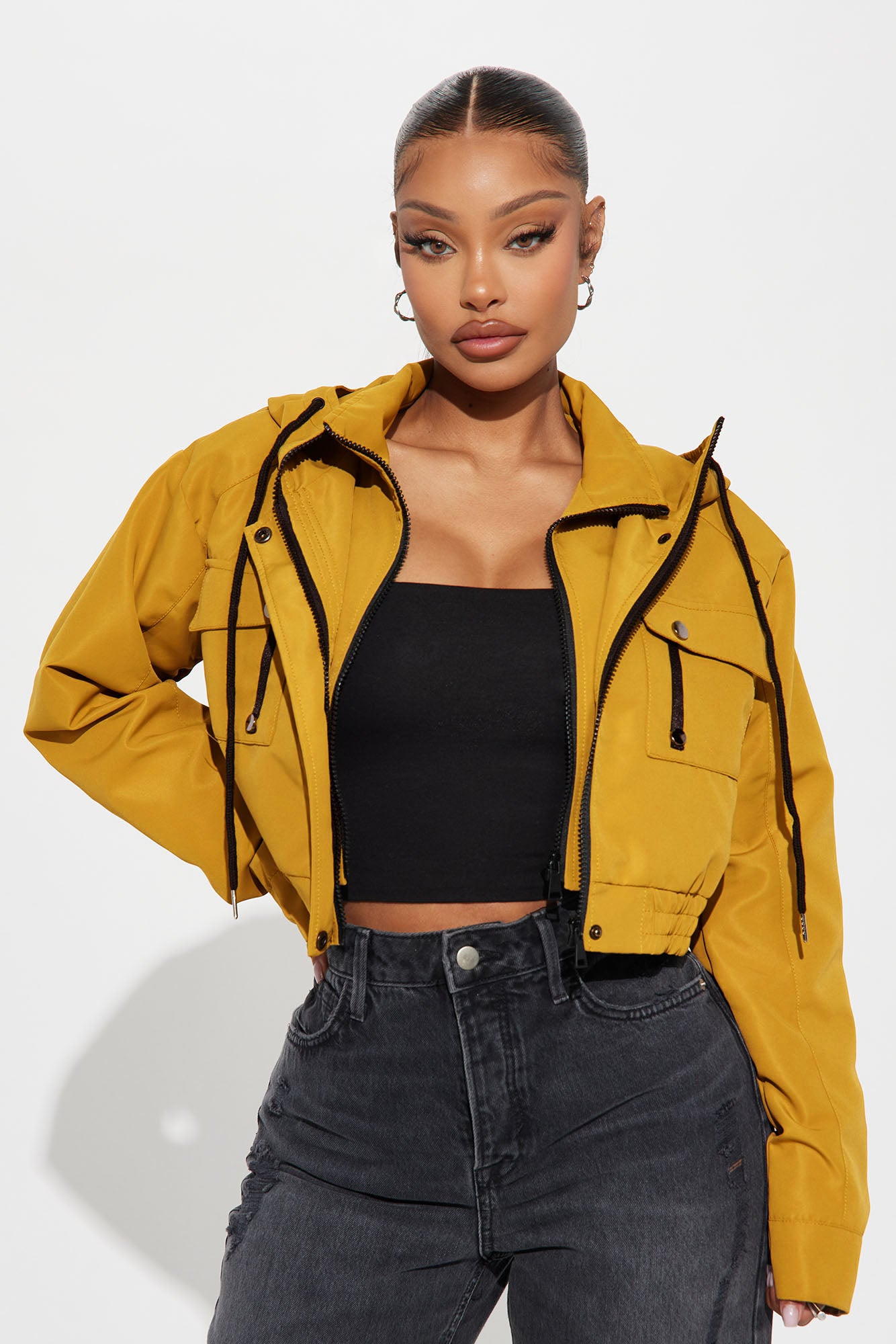 Kelsie Hooded Cropped Jacket - Mustard