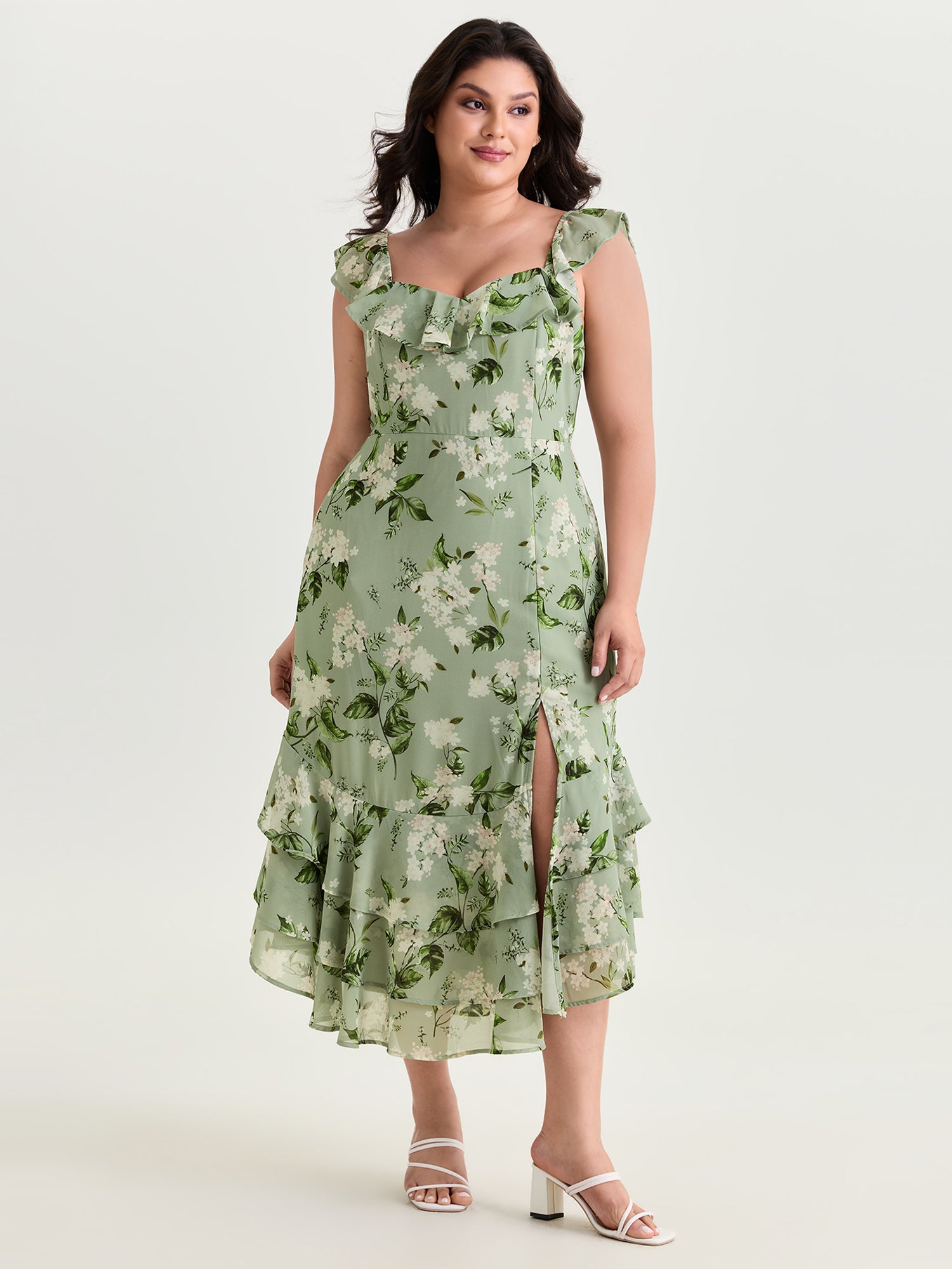 Soft Floral Print Ruffled Hem Midi Dress