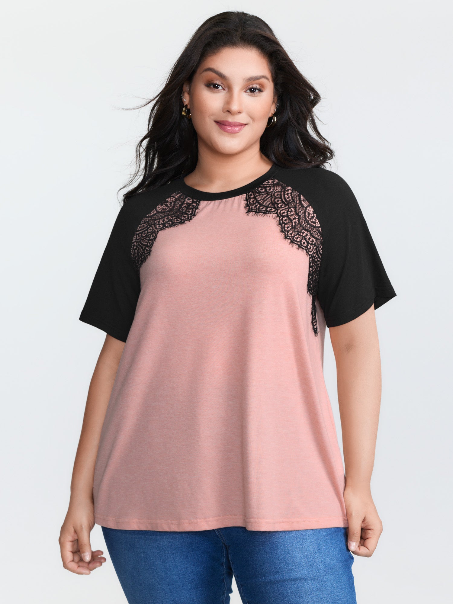 Supersoft Lace Trim Raglan Sleeve Color Contrast T-Shirt