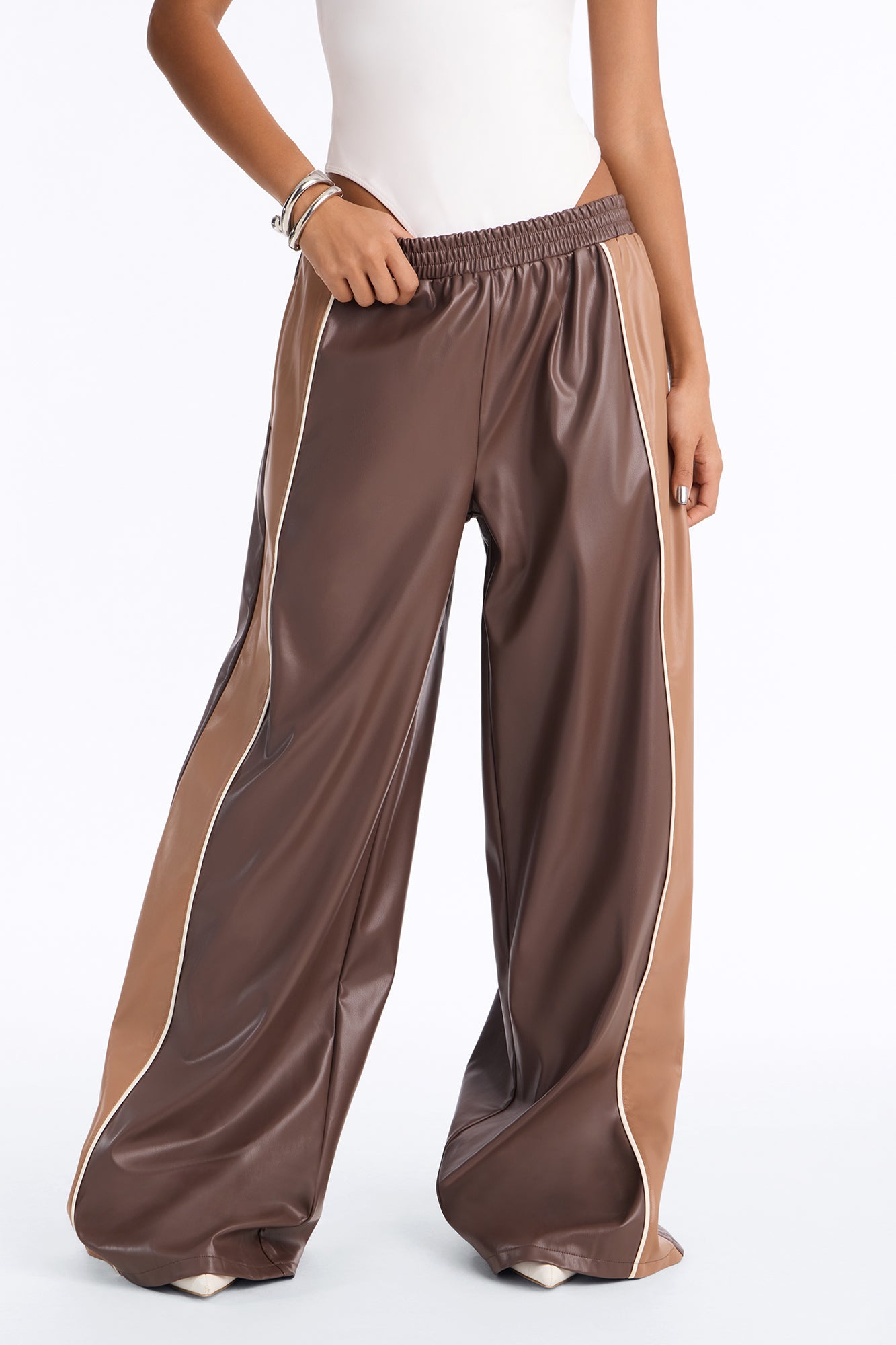 Astrid Faux Leather Side Stripe Pant - Brown Combo