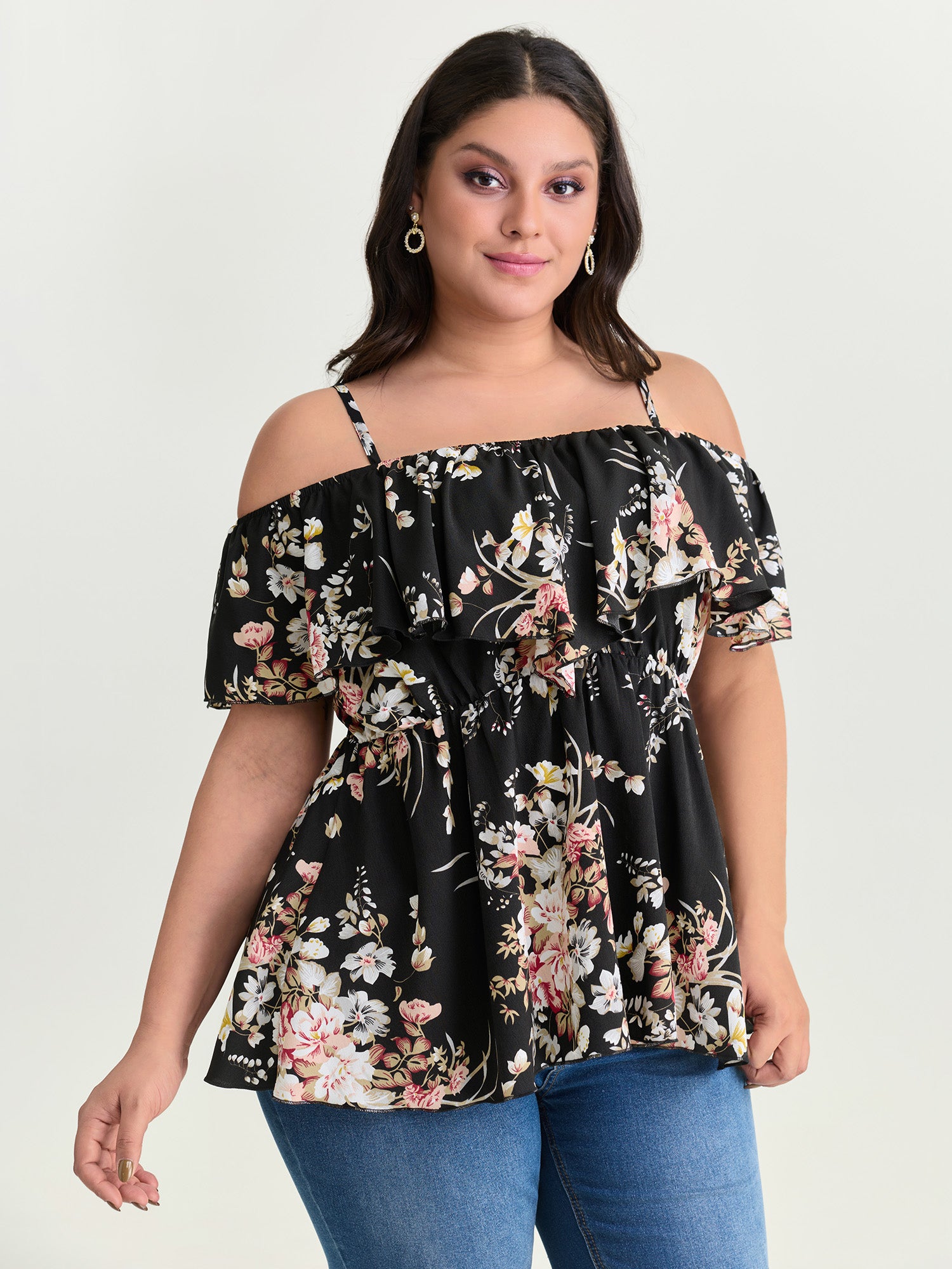 Large Floral Print Cold-Shoulder Blouse