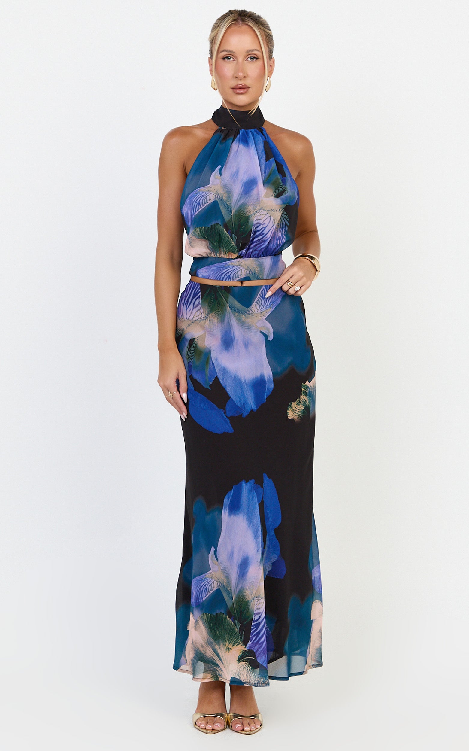 Solara Maxi Skirt - Bias Cut A Line Skirt in Midnight Resort Orchid Print