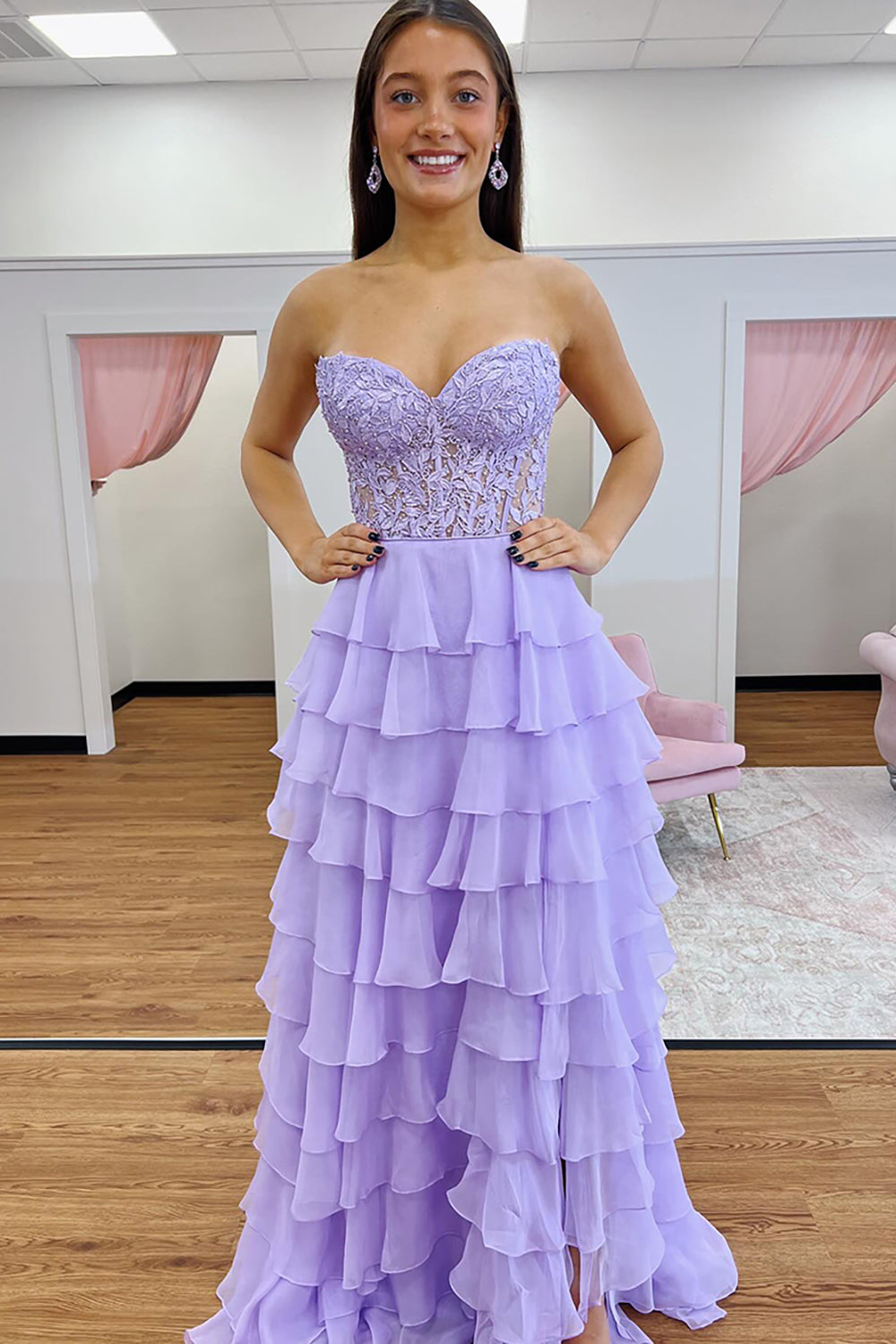 Lilac Long Corset Prom Dress with Ruffles and Sweetheart Neckline