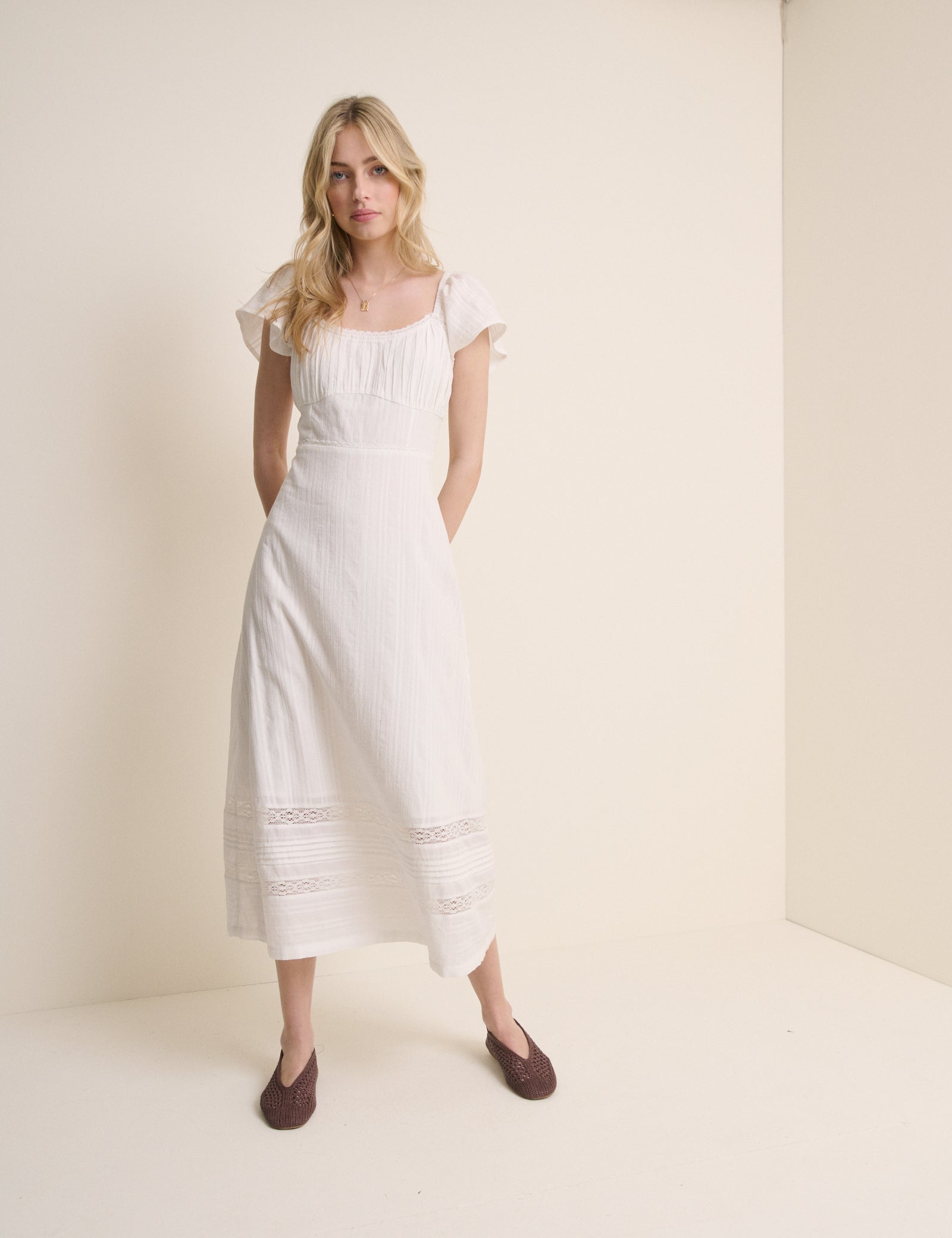 White Pintuck Scoop Neck Alex Midi Dress