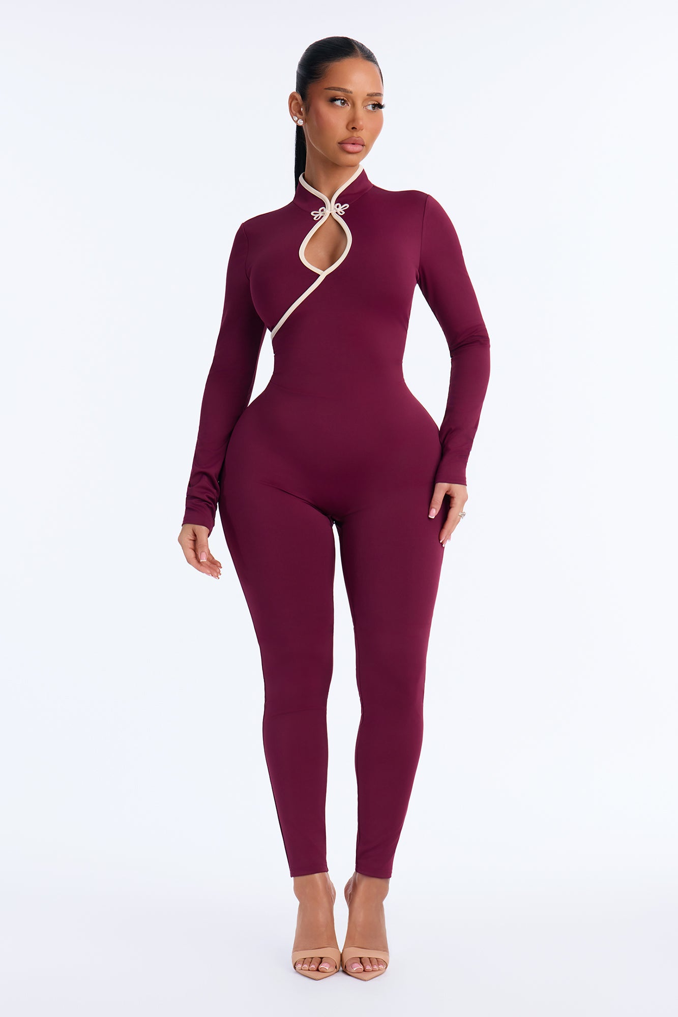 Lose My Number Long Sleeve Catsuit - Burgundy