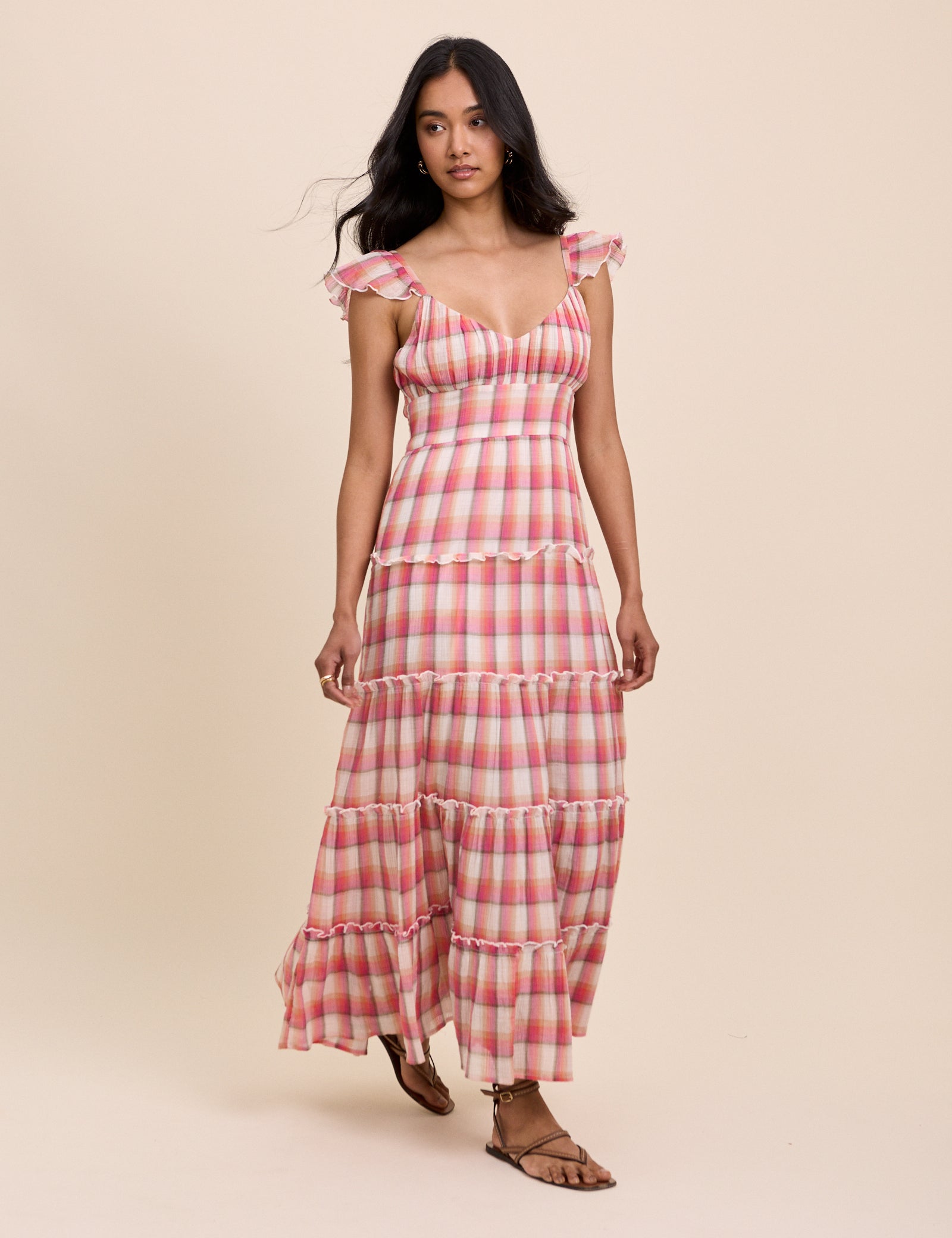 Red Check Ruffle Trim Tiered Levi Maxi Dress