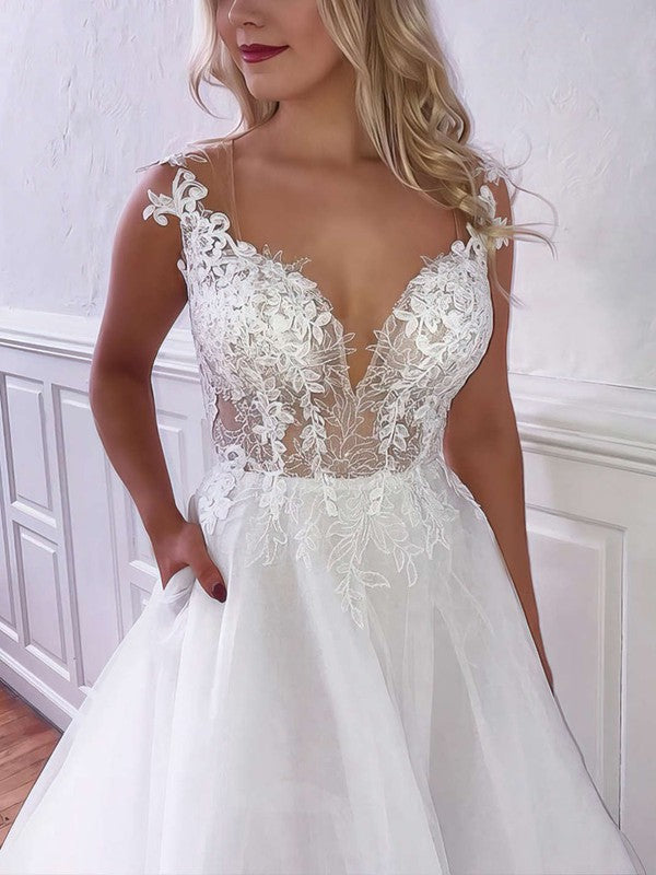 Trendy V-Neck Strapless Tulle Court Train A-Line Wedding Dresses with Pockets