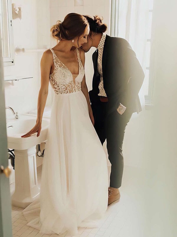 Exquisite A-Line V-Neck  Sleeveless Tulle Sweep Train Wedding Dresses with Beads