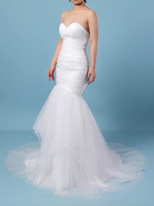 Charming Court Train Mermaid Sweetheart Strapless Tulle Wedding Dresses with Cascading Ruffles