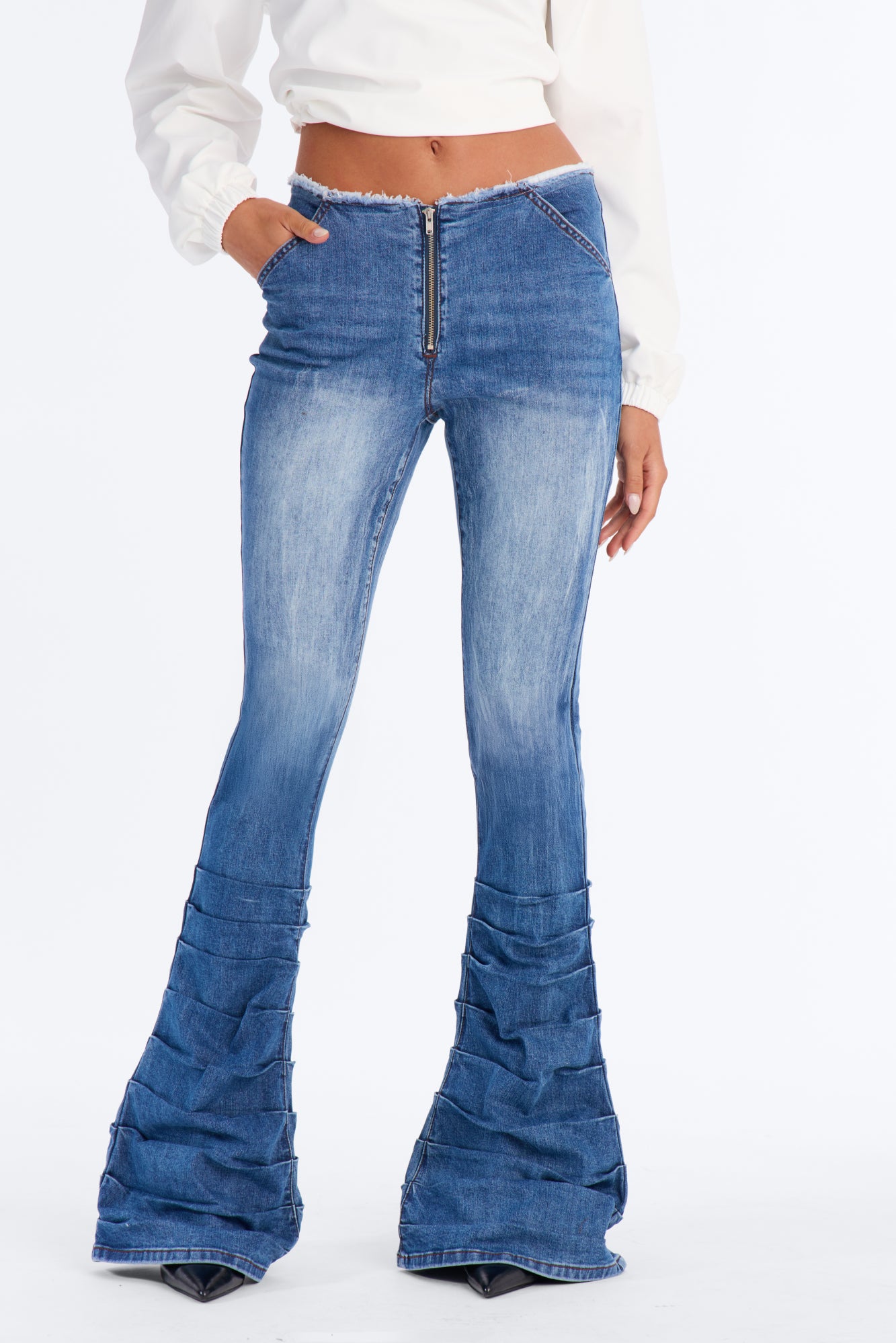 Night Owl Cut Off Waistband Stacked Low Rise Flare Jeans - Vintage Wash