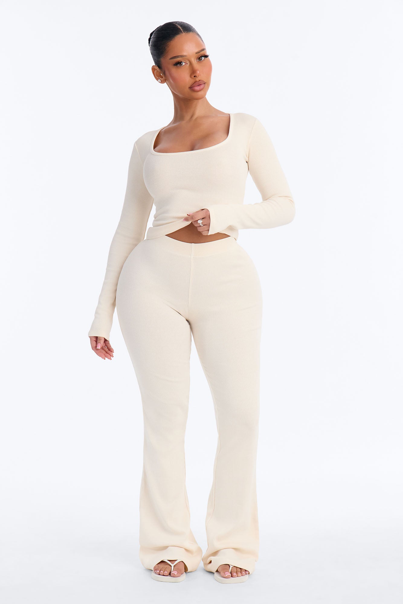 Tony Washed Ribbed Long Sleeve Flare Pant Set - Washed Cream