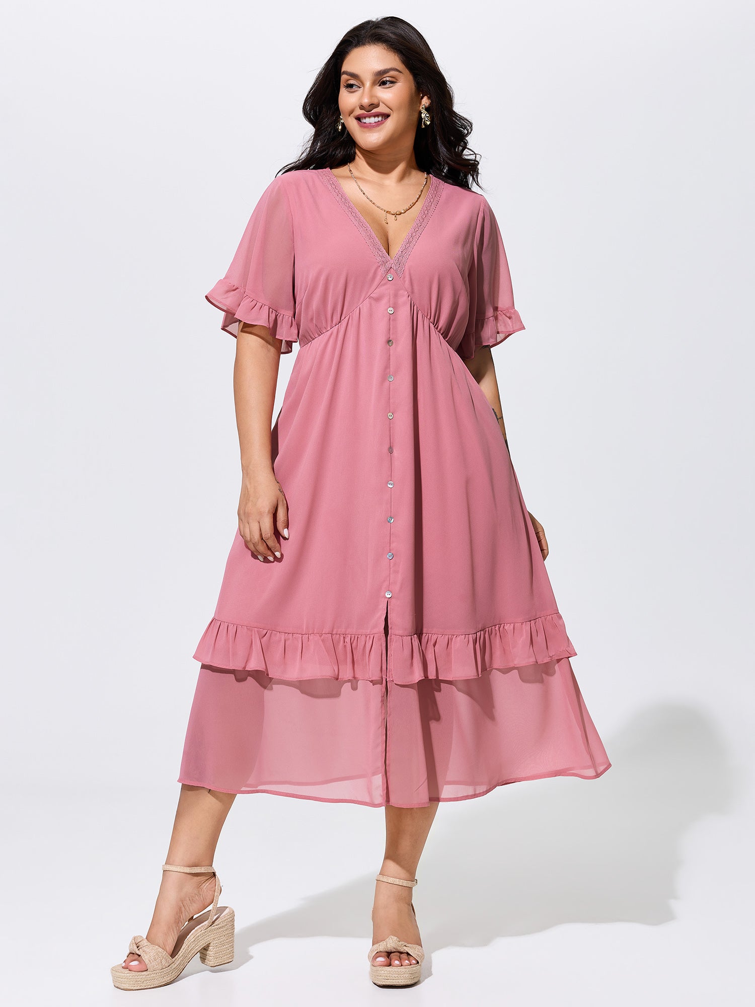 Supersoft Lace Trim Ruffled Hem Maxi Dress