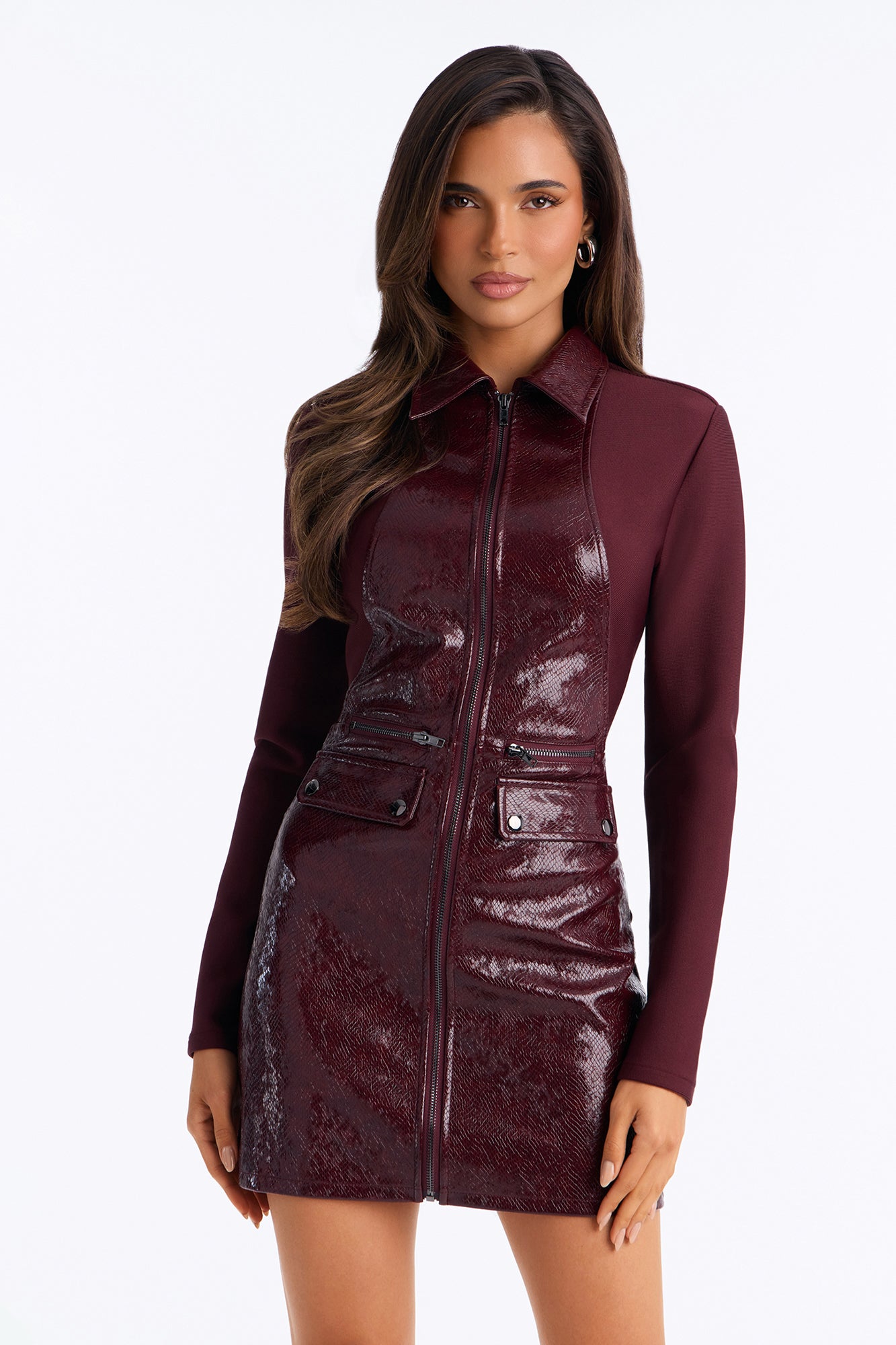 Unfinished Business Zip Front Bandage Mini Dress - Burgundy