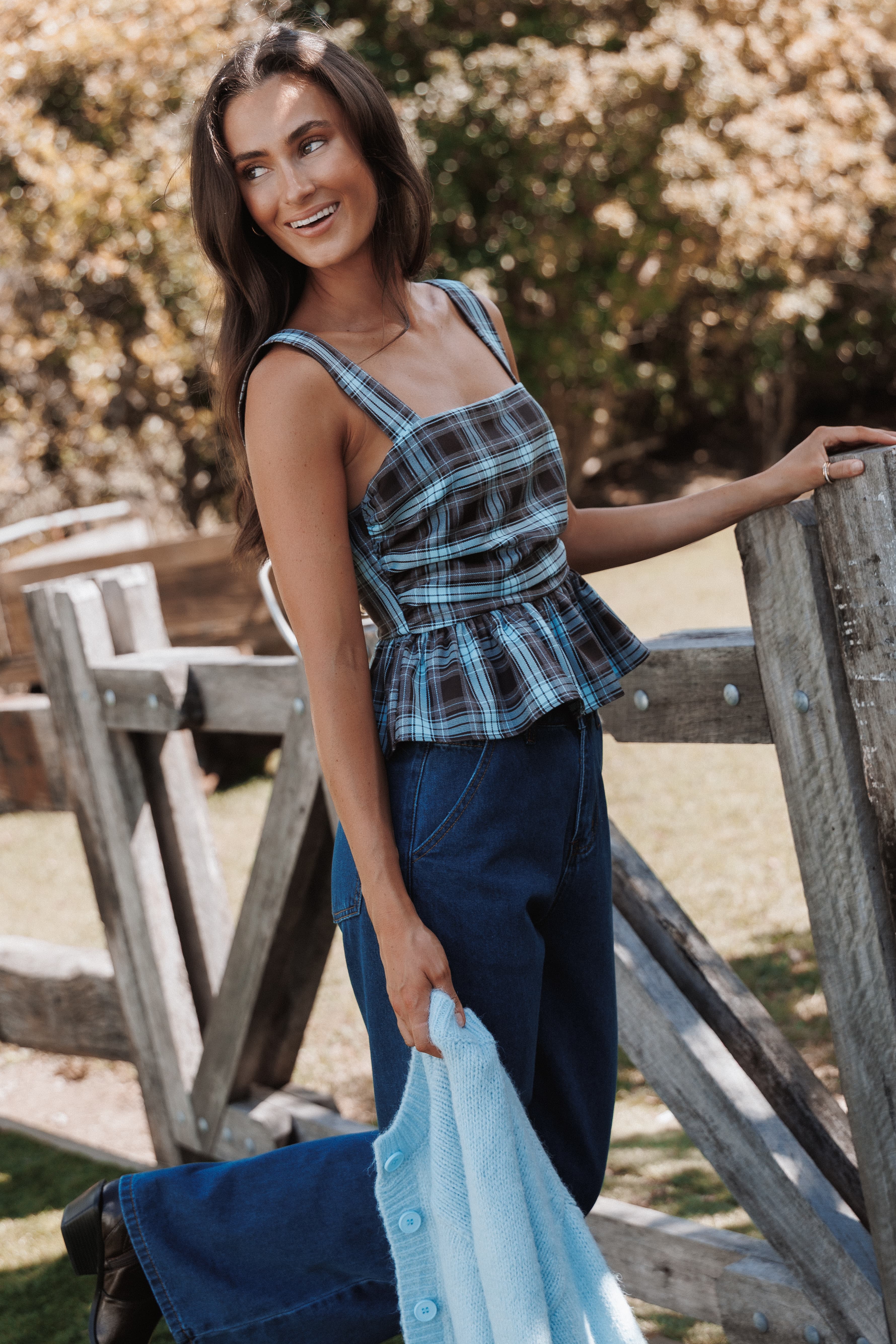 Alana Peplum Top - Choc Blue Plaid