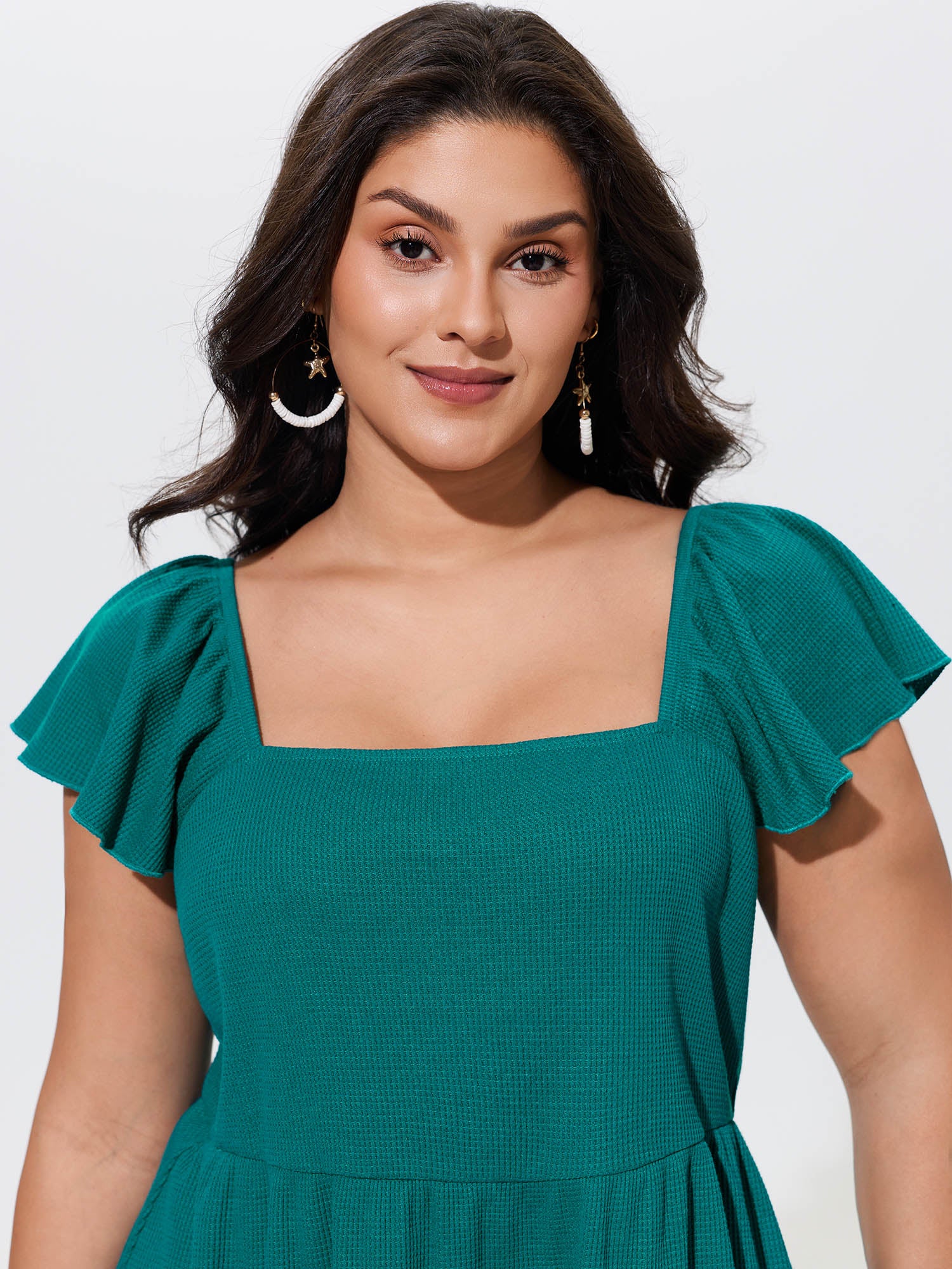Stretchy Square Neck Ruffle Sleeve Waffle Knit Top