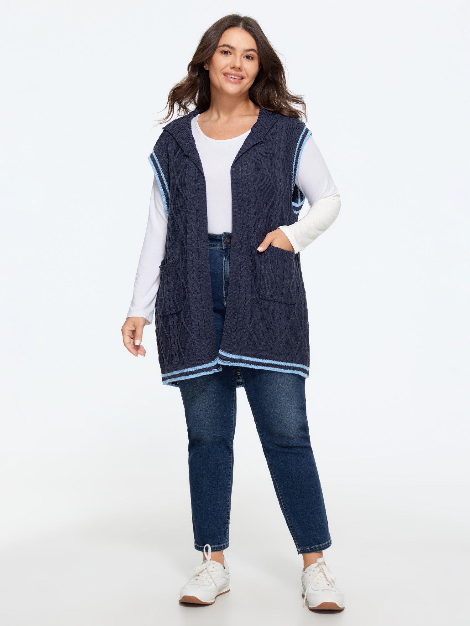 Contrast Trim Open Front Hooded Sweater Vest