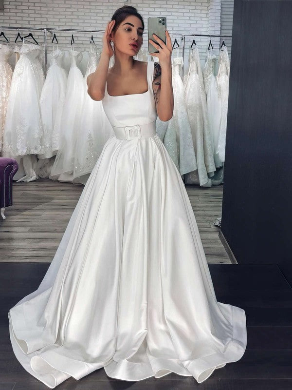 Stylish Court Train Square Sleeveless Ball Gown Satin Wedding Dresses with Sash