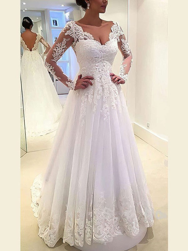 Chic V-Neck Long Sleeves Lace Ball Gown Wedding Dresses with Appliques