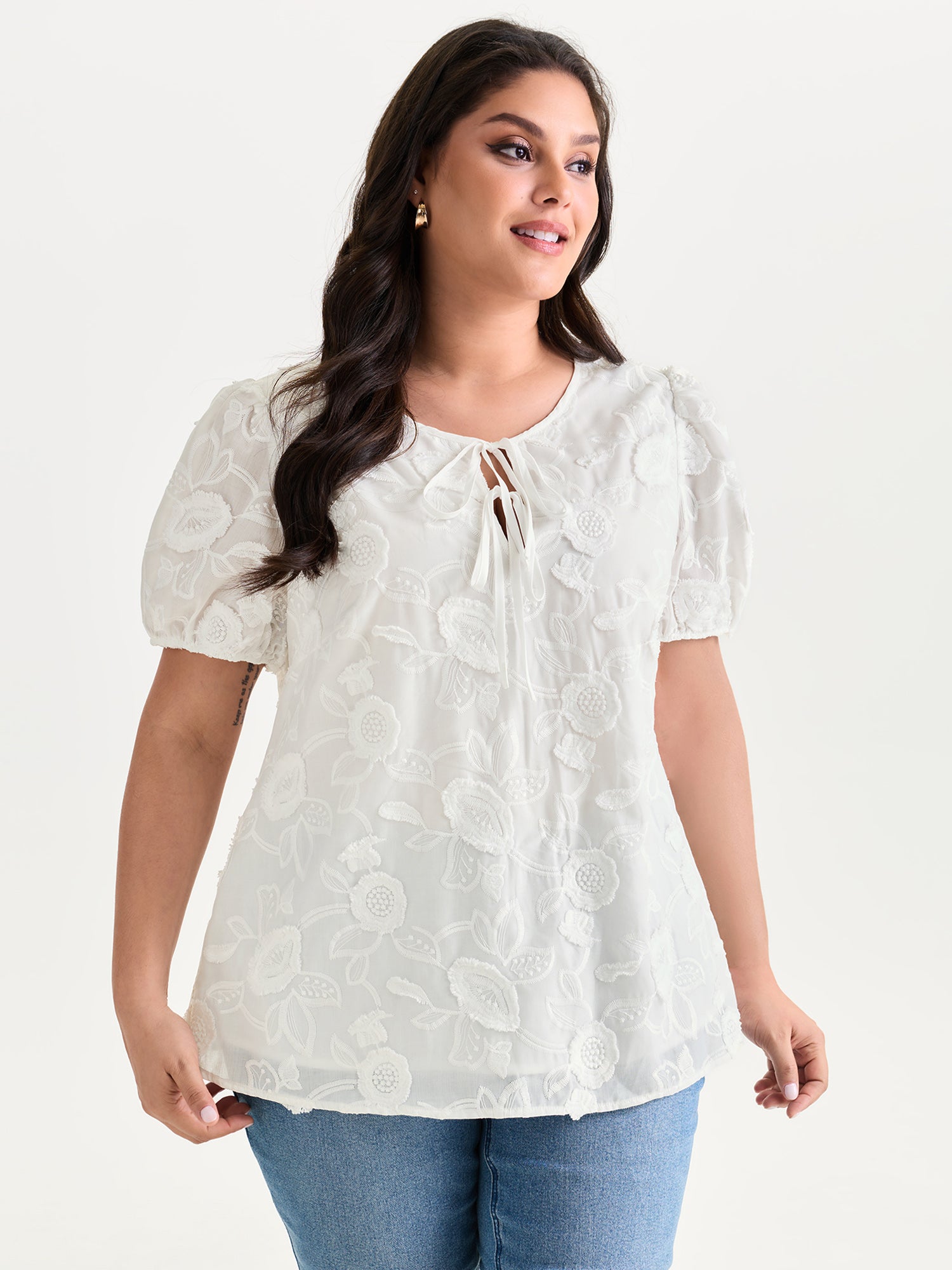Cotton Floral Textured Puff Sleeve Lined Blouse