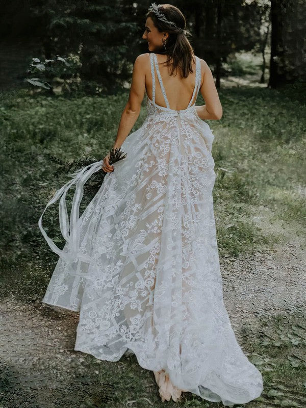 Sexy Sleeveless A-Line Deep V-Neck Backless Lace Sweep Train Wedding Dresses with Appliques