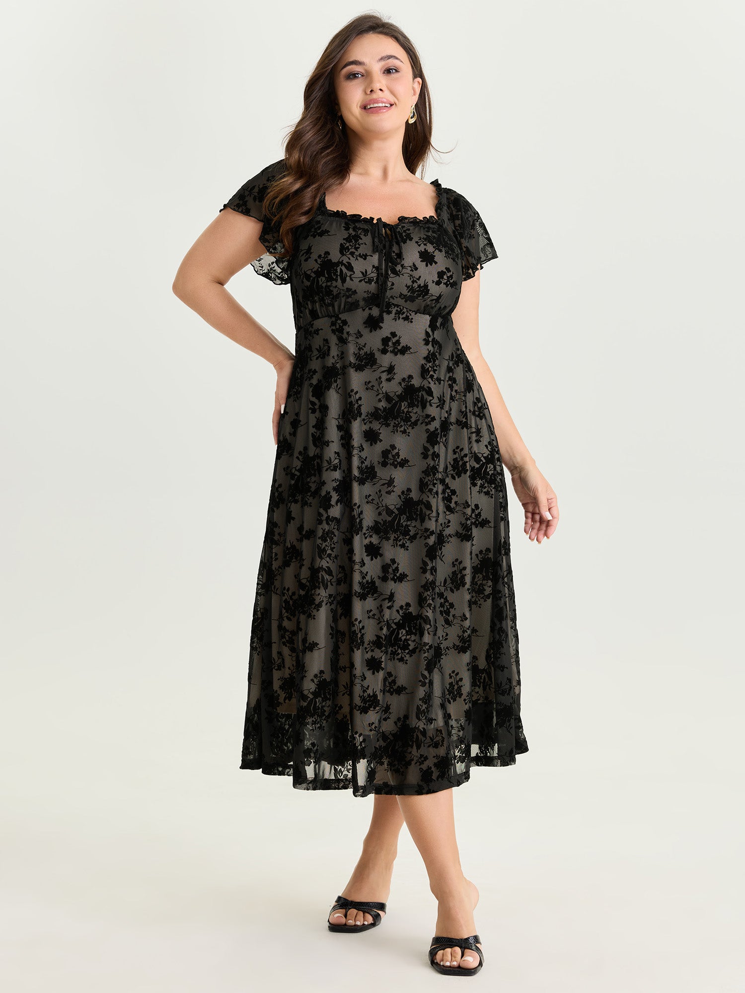 Floral Mesh Cut Stretchy Midi Dress