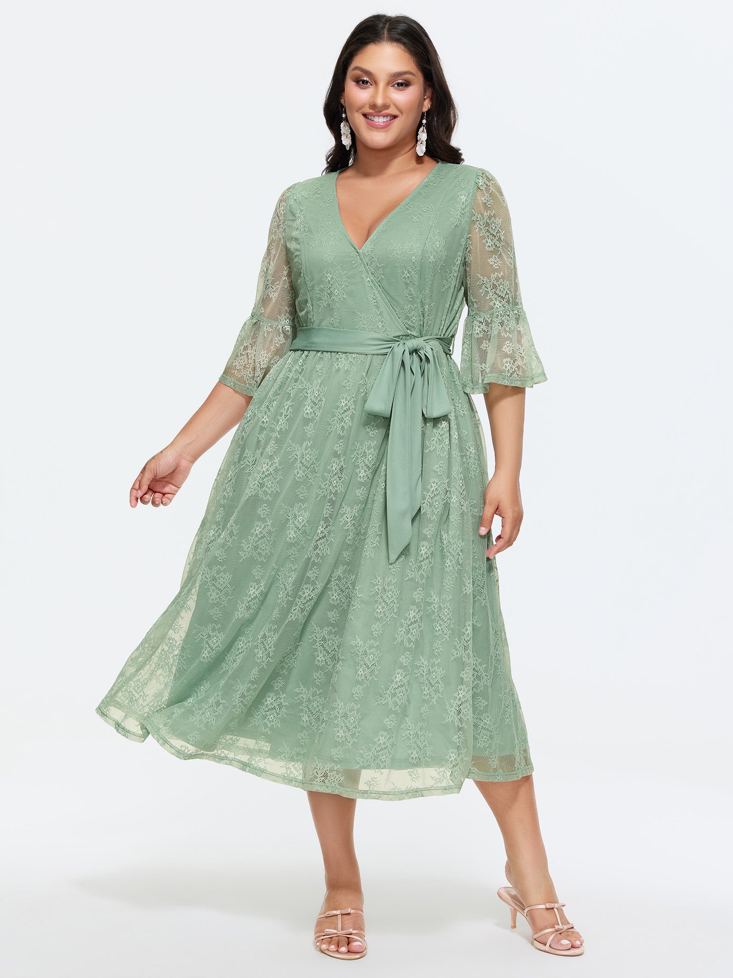 Lace Textured Side Waist Tie Midi Dress