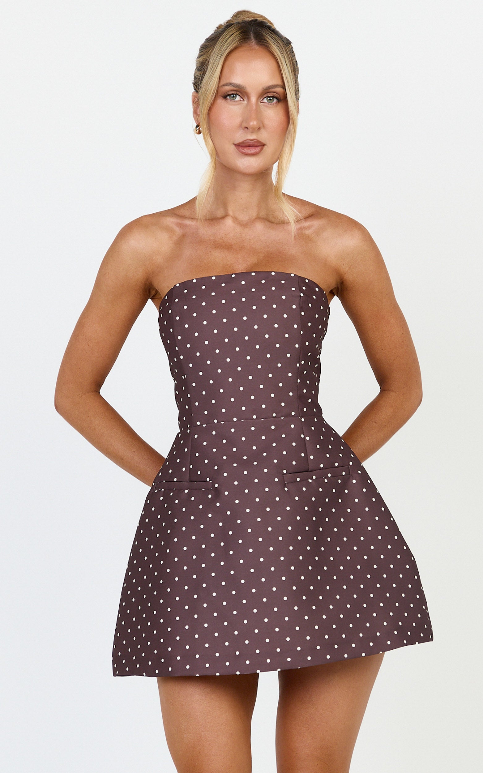 Benson Playsuit - Strapless Fit and Flare Playsuit in Chocolate/Cream Polka Dot