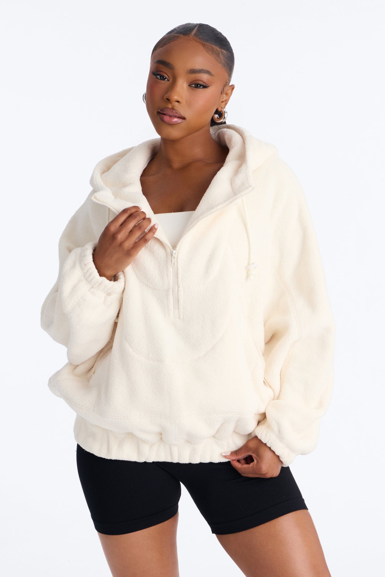 Stay Warm Polar Fleece Half Zip Hooded Jacket - Ivory