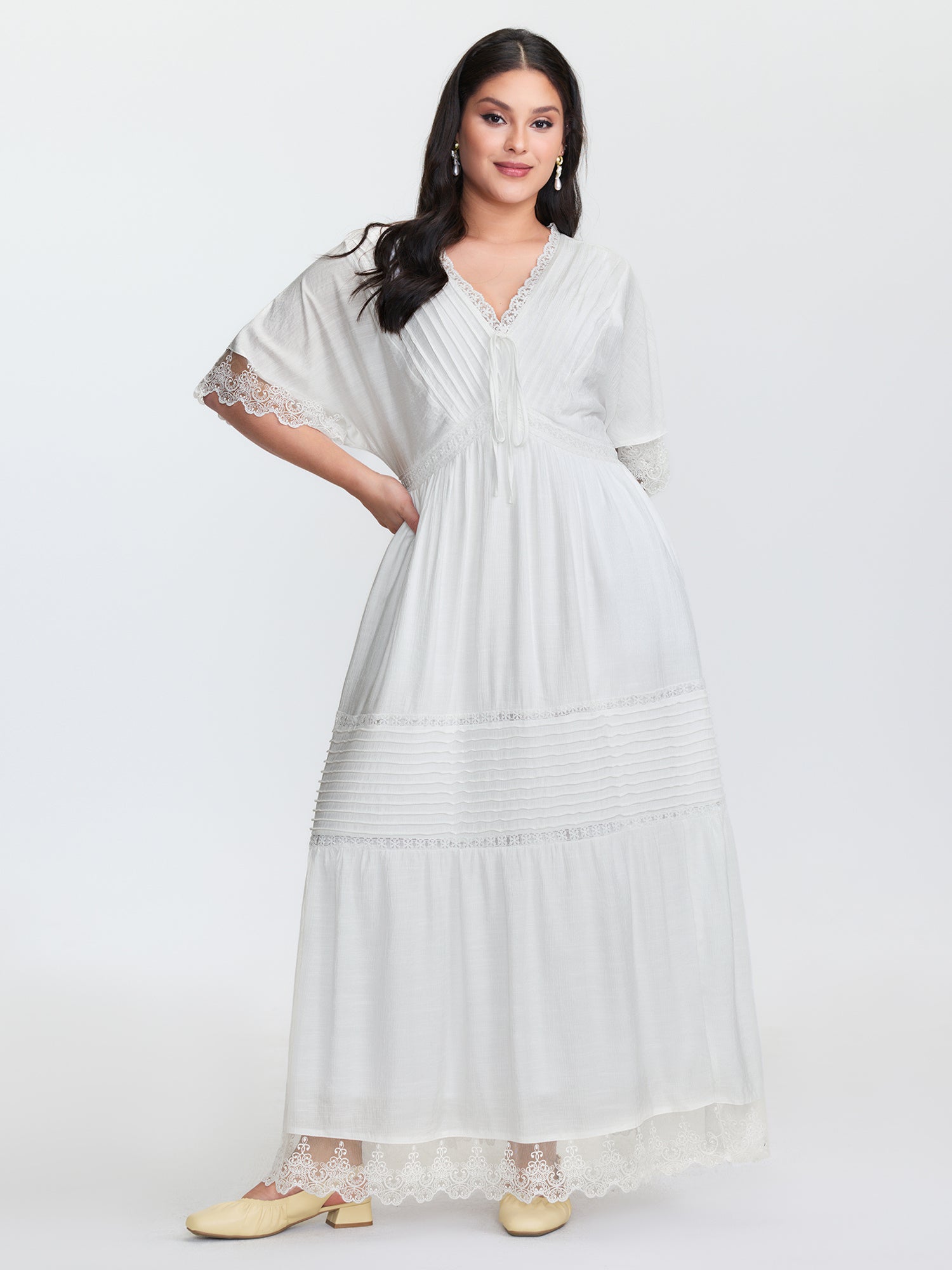 Pleated Neckline Romantic Lace Ruffled Maxi Dress