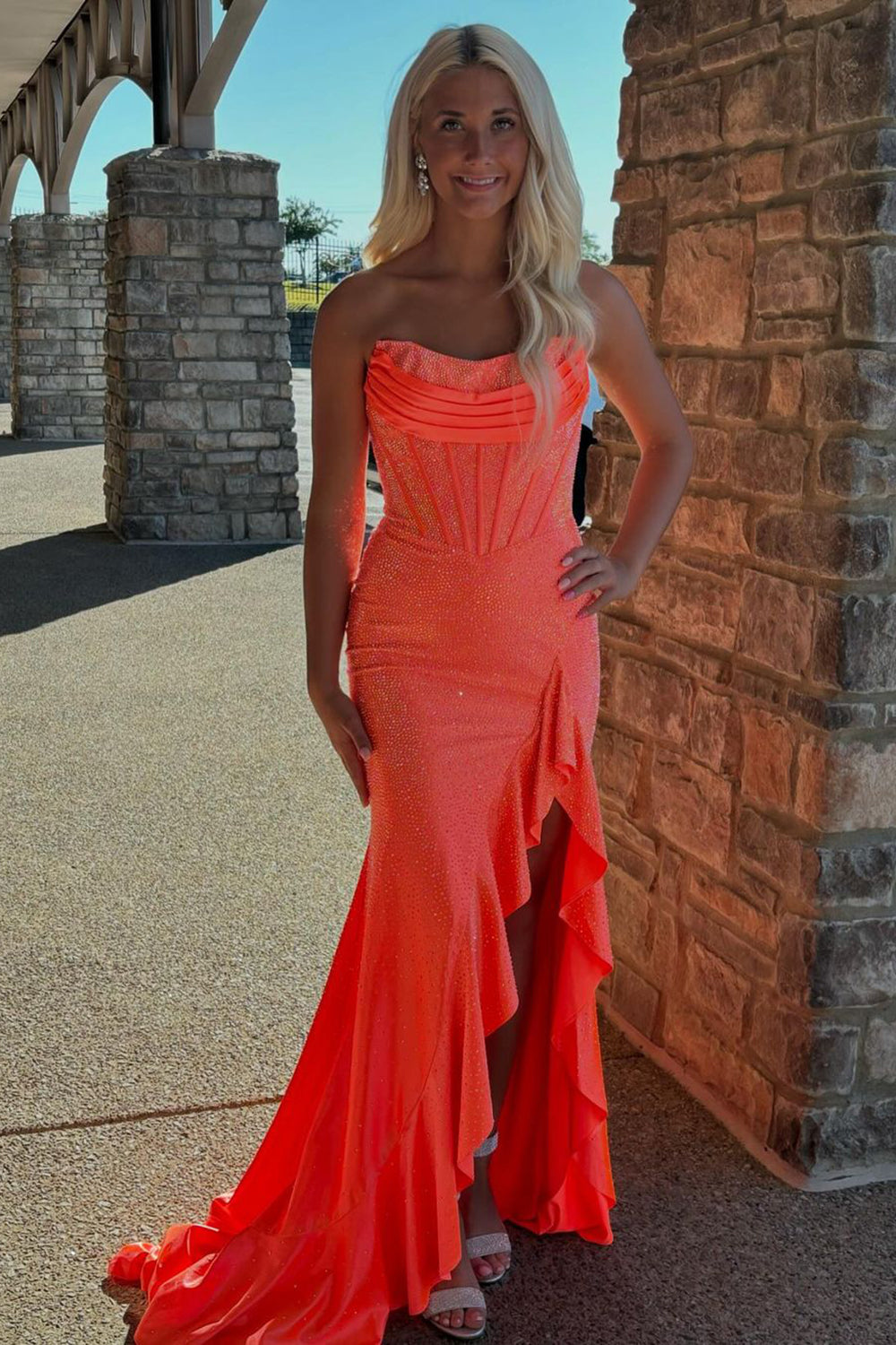 Orange Glitter Mermaid Corset Prom Dress with Beaded Ruffles Strapless Long