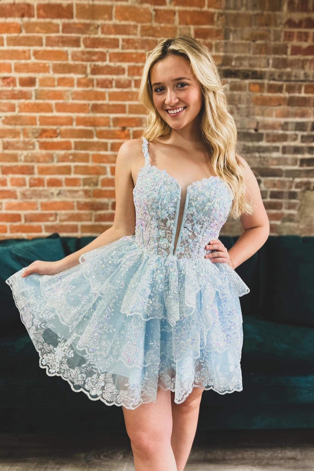 Sparkly Blue Sequins Corset Short Homecoming Dress/Mini Dress With Ruffles
