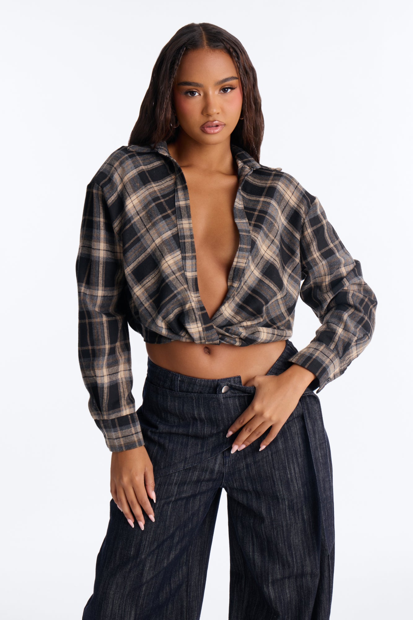 Country Charm Cropped Plaid Blouse - Navy/combo
