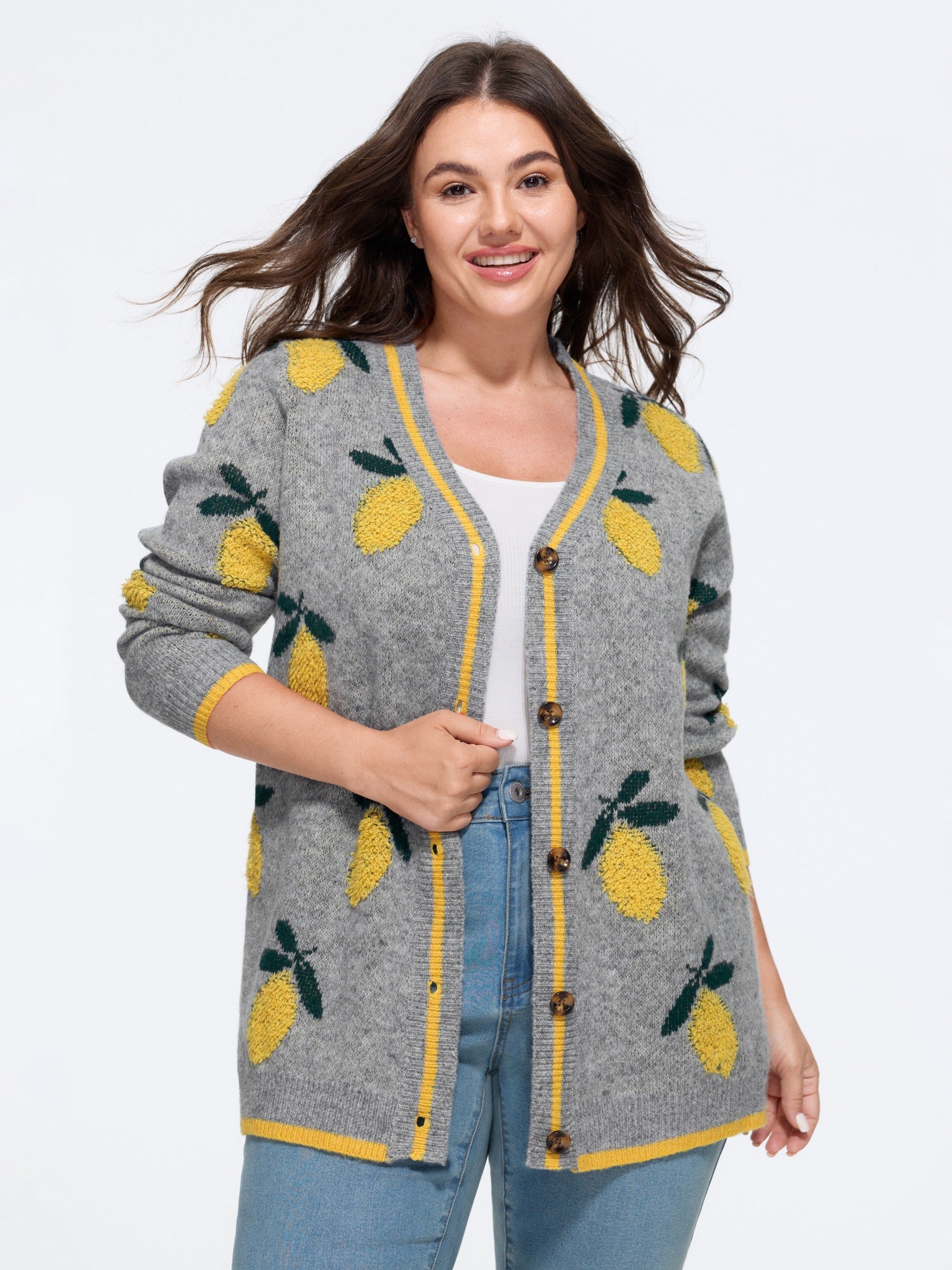 Supersoft Lemon Jacquard V‑Neck Knit Cardigan