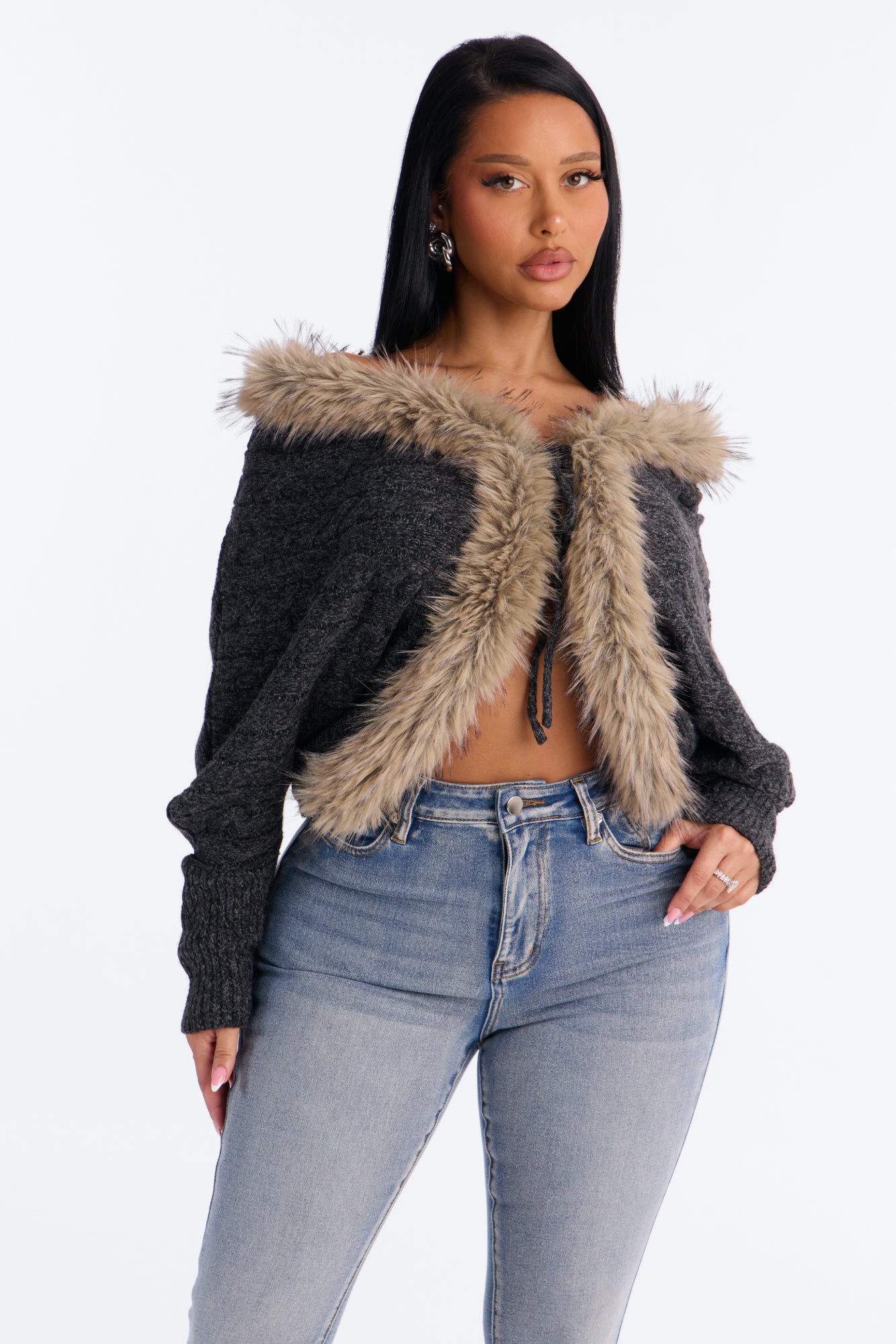 Klarisa Faux Fur Cardigan - Grey/combo