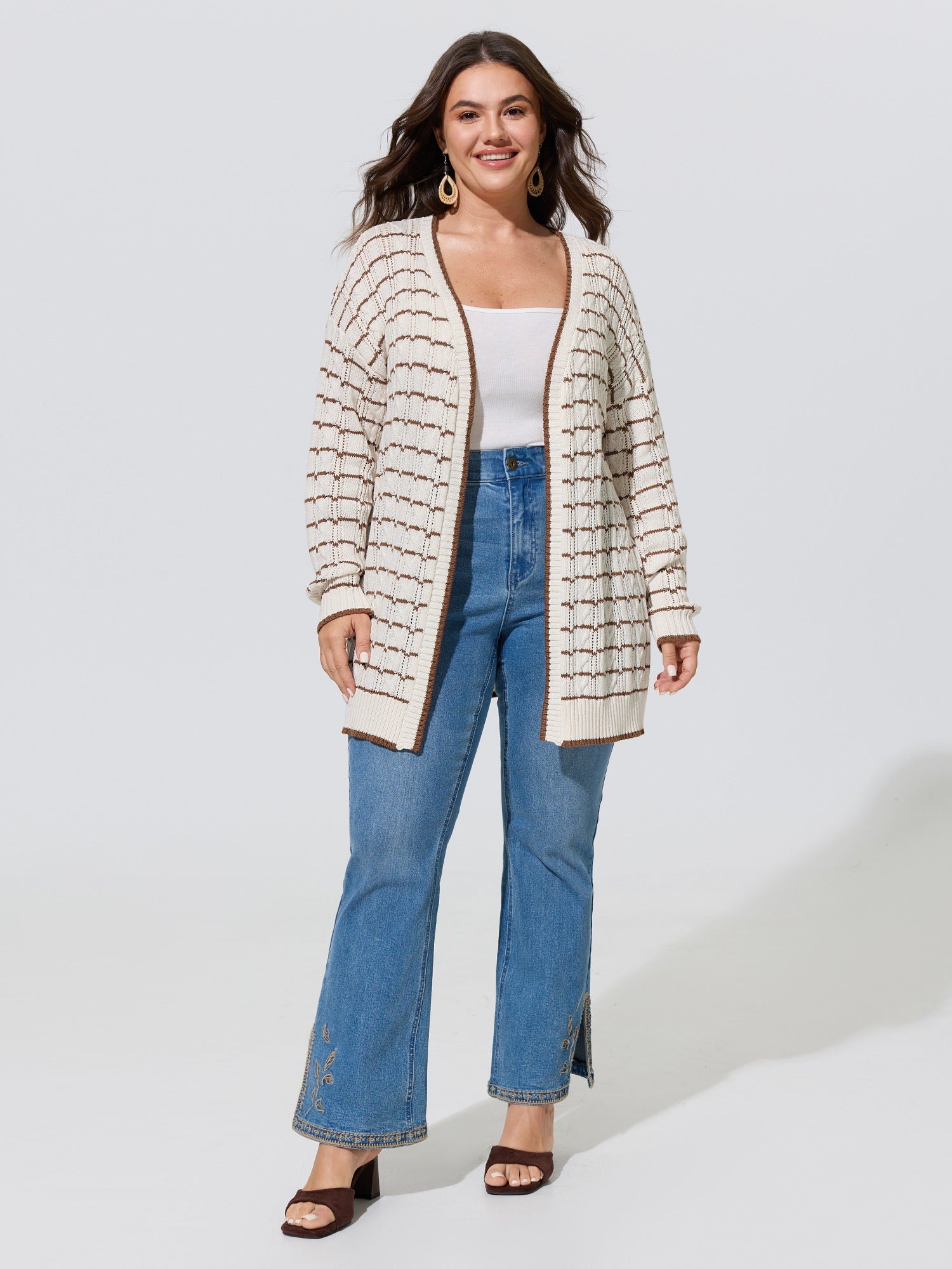 Color Contrast Cable Knit Open Front Cardigan