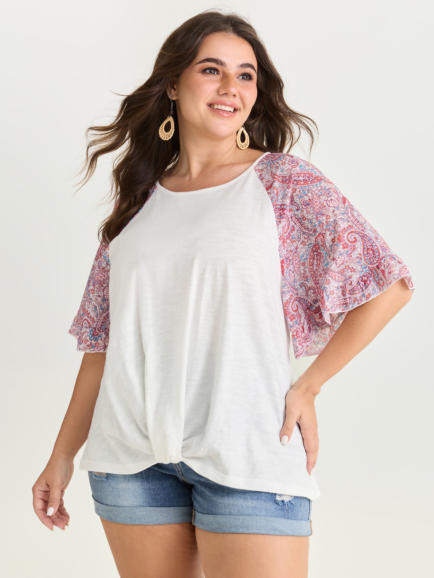 Cotton Floral Print Color Contrast Flared Sleeve T-Shirt