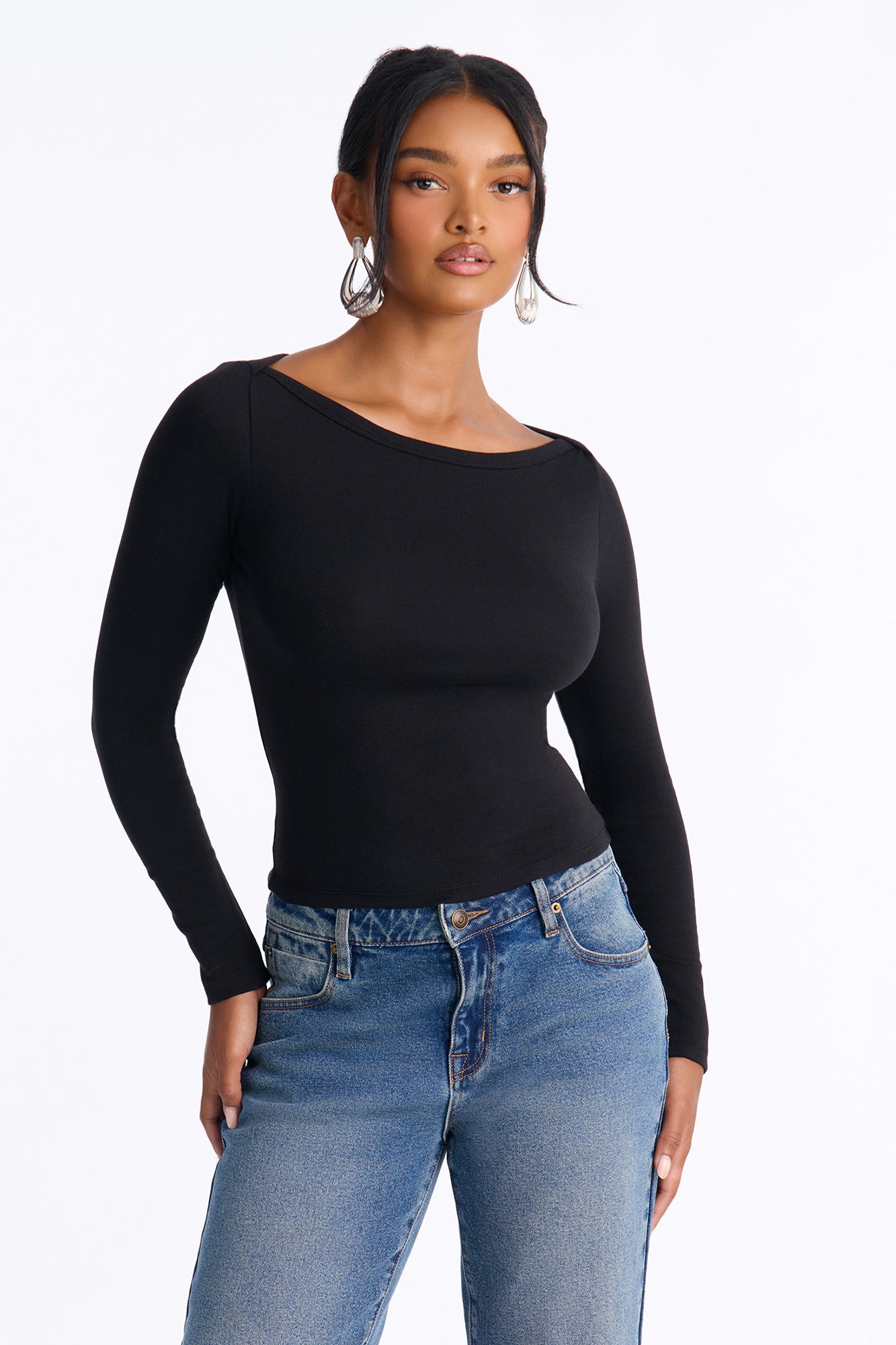 Boat Neck Cotton Blend Long Sleeve Top - Black