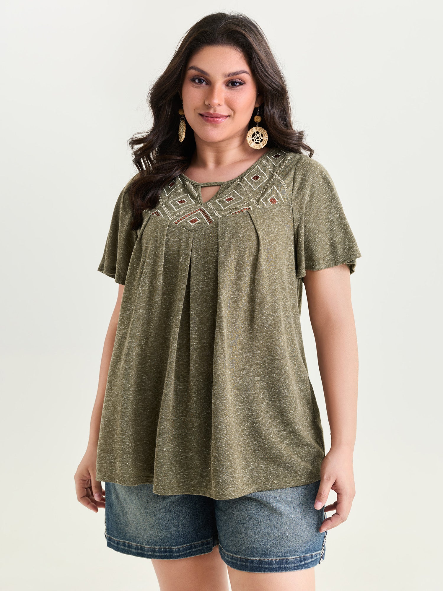 Boho Embroidered Keyhole Neckline Blouse