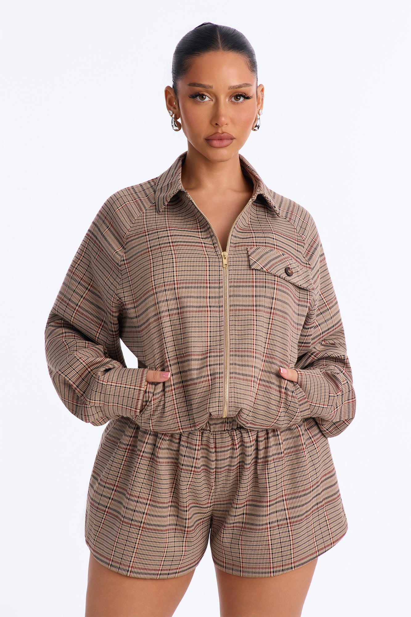 Morgan Plaid Romper - Brown