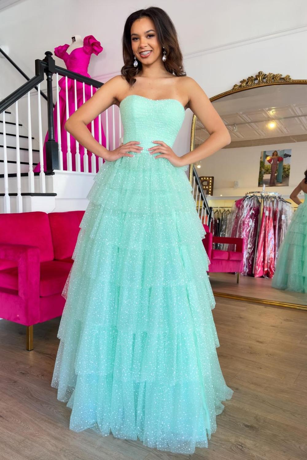 Sweetheart A-Line Long Prom Dress in Sky Blue with Tiered Tulle and Slit