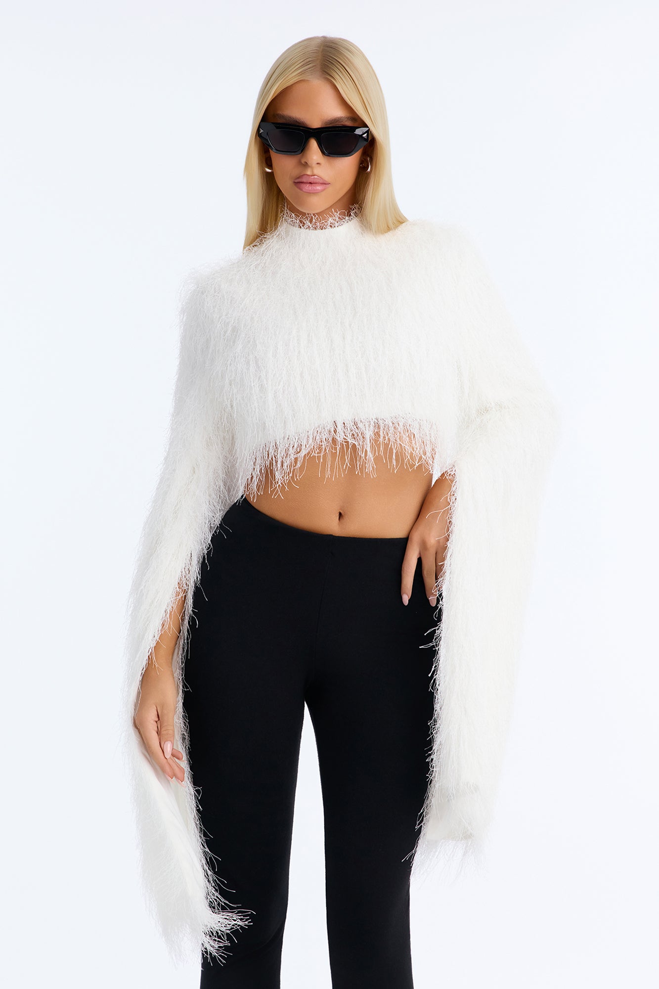 Winter Soiree Fringe Mock Neck Long Sleeve Top - White