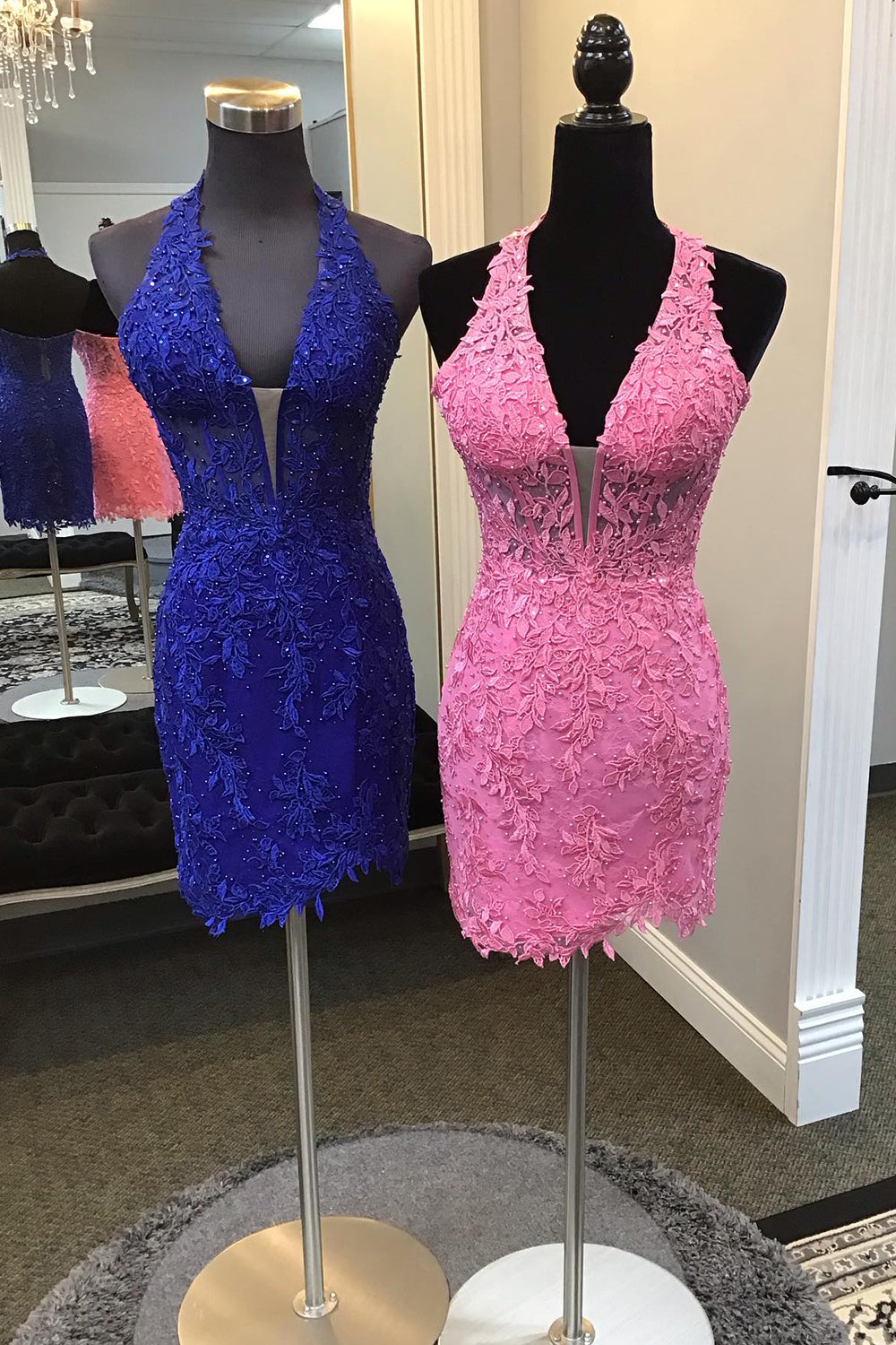 Pink Bodycon Halter Homecoming Dress/Mini Dress With Appliques