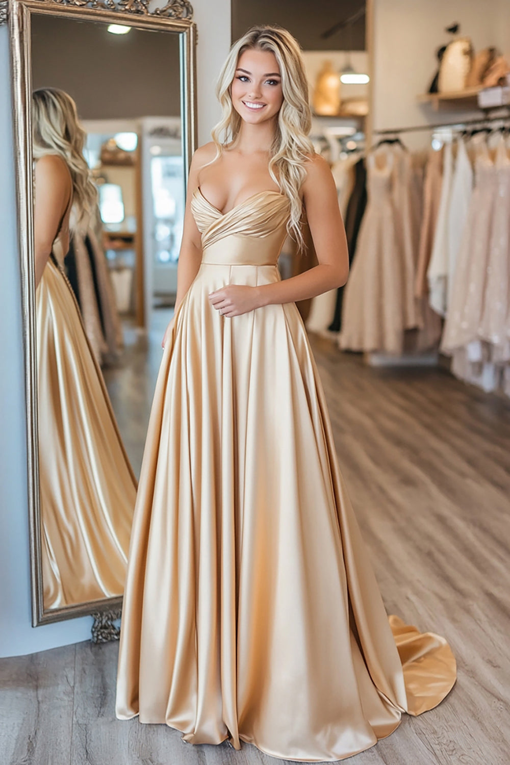 Sweetheart Gold Long Prom Dress in Ruched Satin A-Line