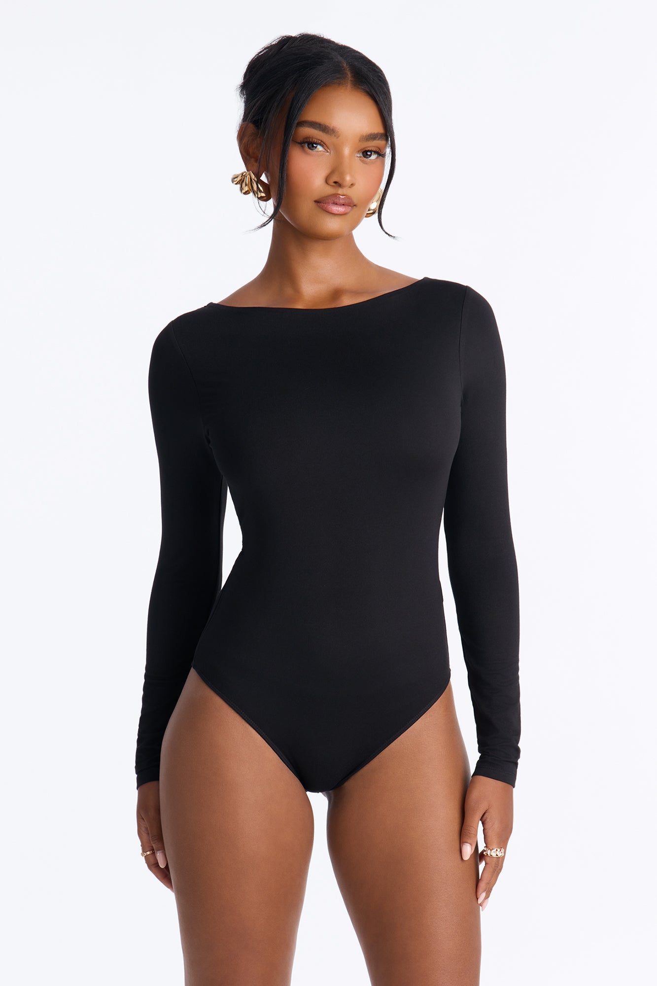 Becky Boat Neck Long Sleeve Bodysuit - Black