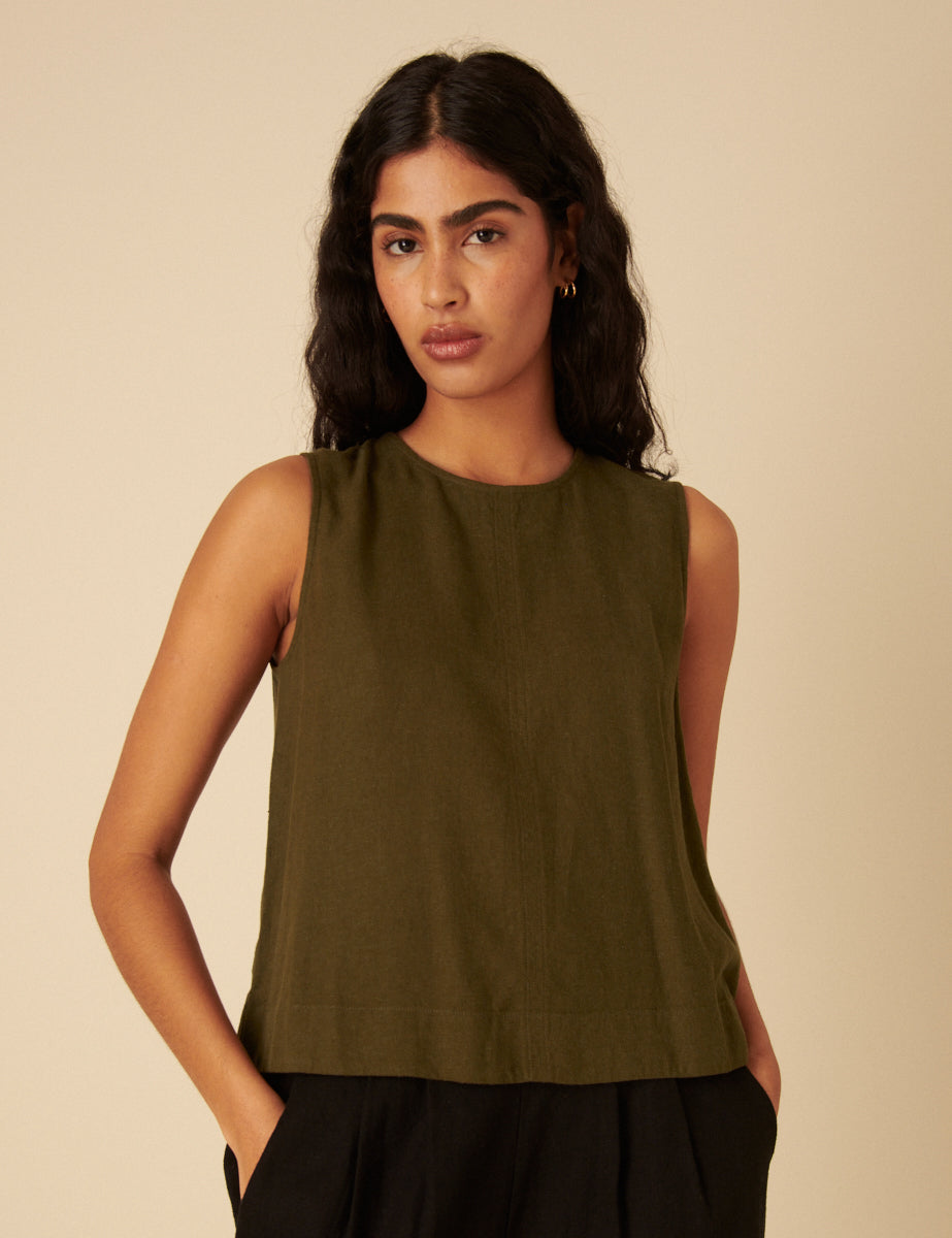 Khaki Linen-Rich Swing Top