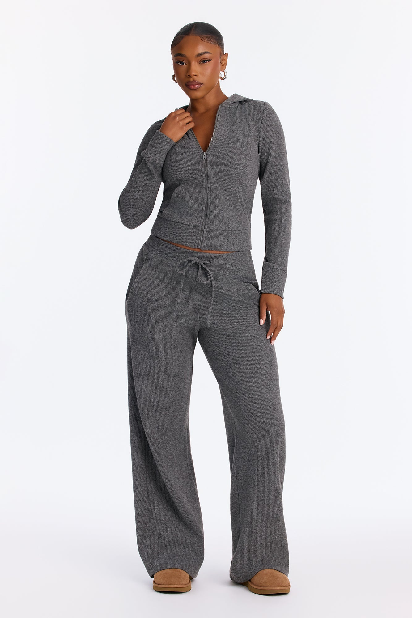 Taylor Zip Up Cozy Waffle Pant Set - Charcoal