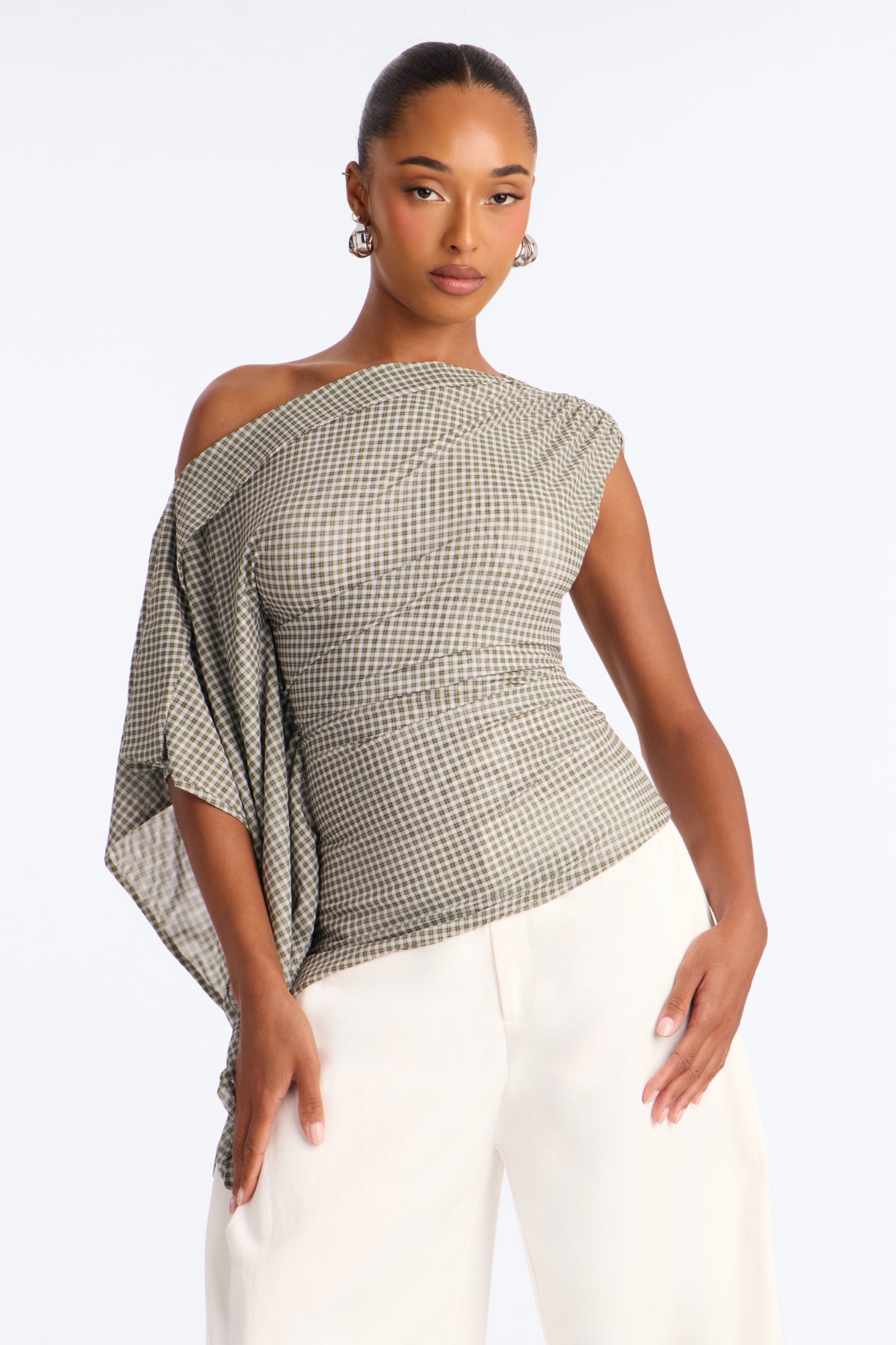 Siena Muse Gingham Off Shoulder Short Sleeve Top - Olive/combo